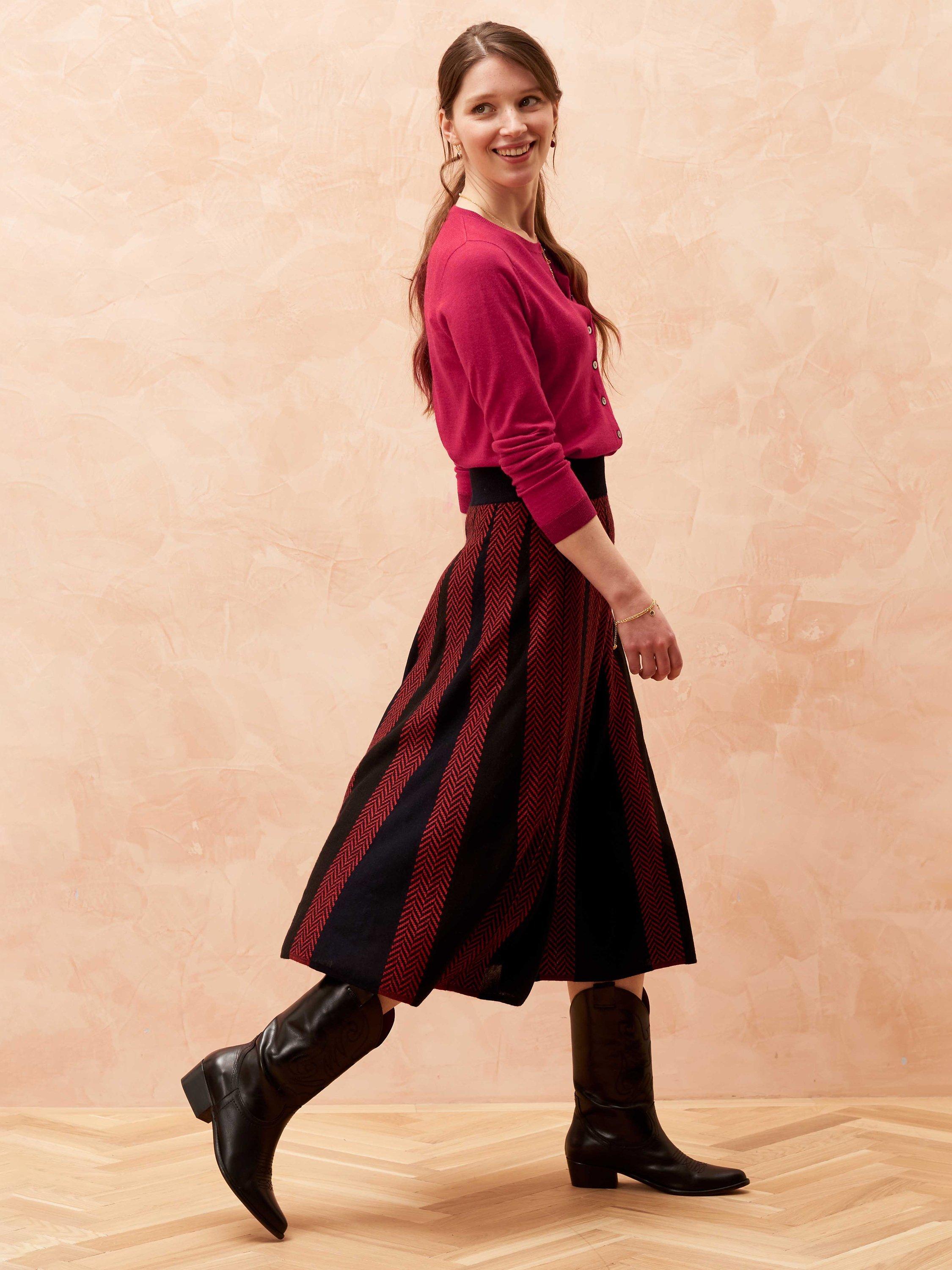 Brora Merino Knitted Herringbone Skirt, Navy/Flame