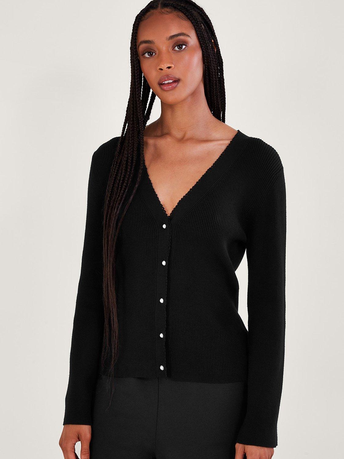 Monsoon Pearl Button Ecovero Cardigan, Black