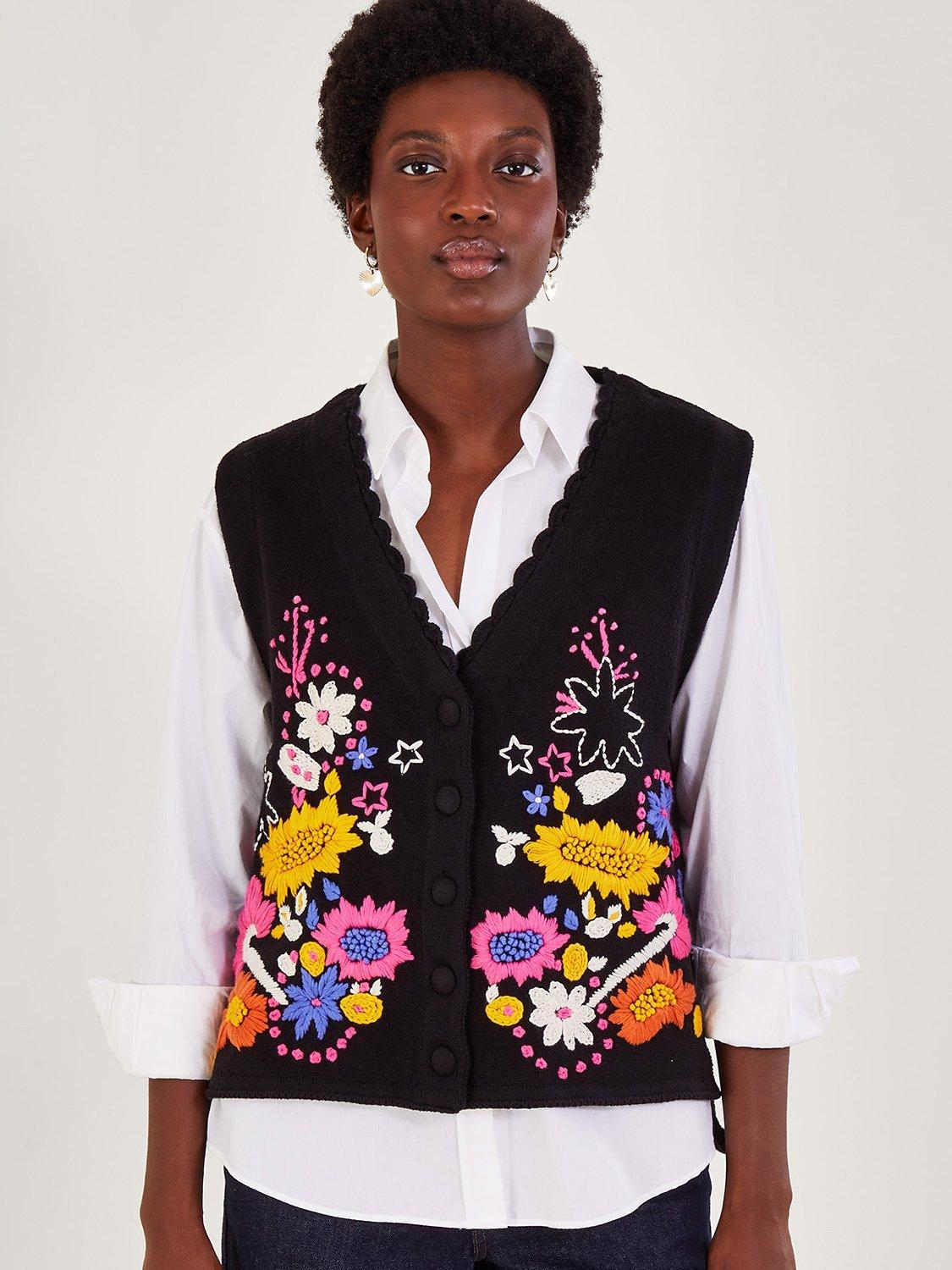 Monsoon Embroidered Scallop Neck Waistcoat, Black