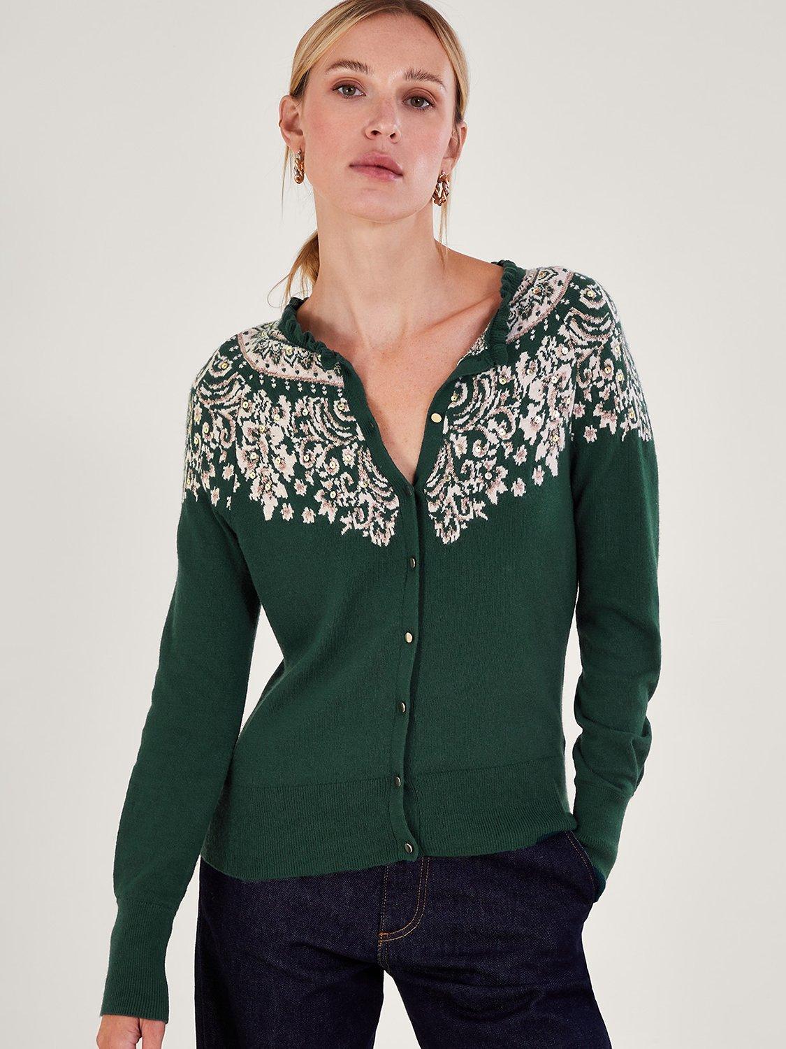Monsoon Hope Fair Isle Cardigan, Green/Multi