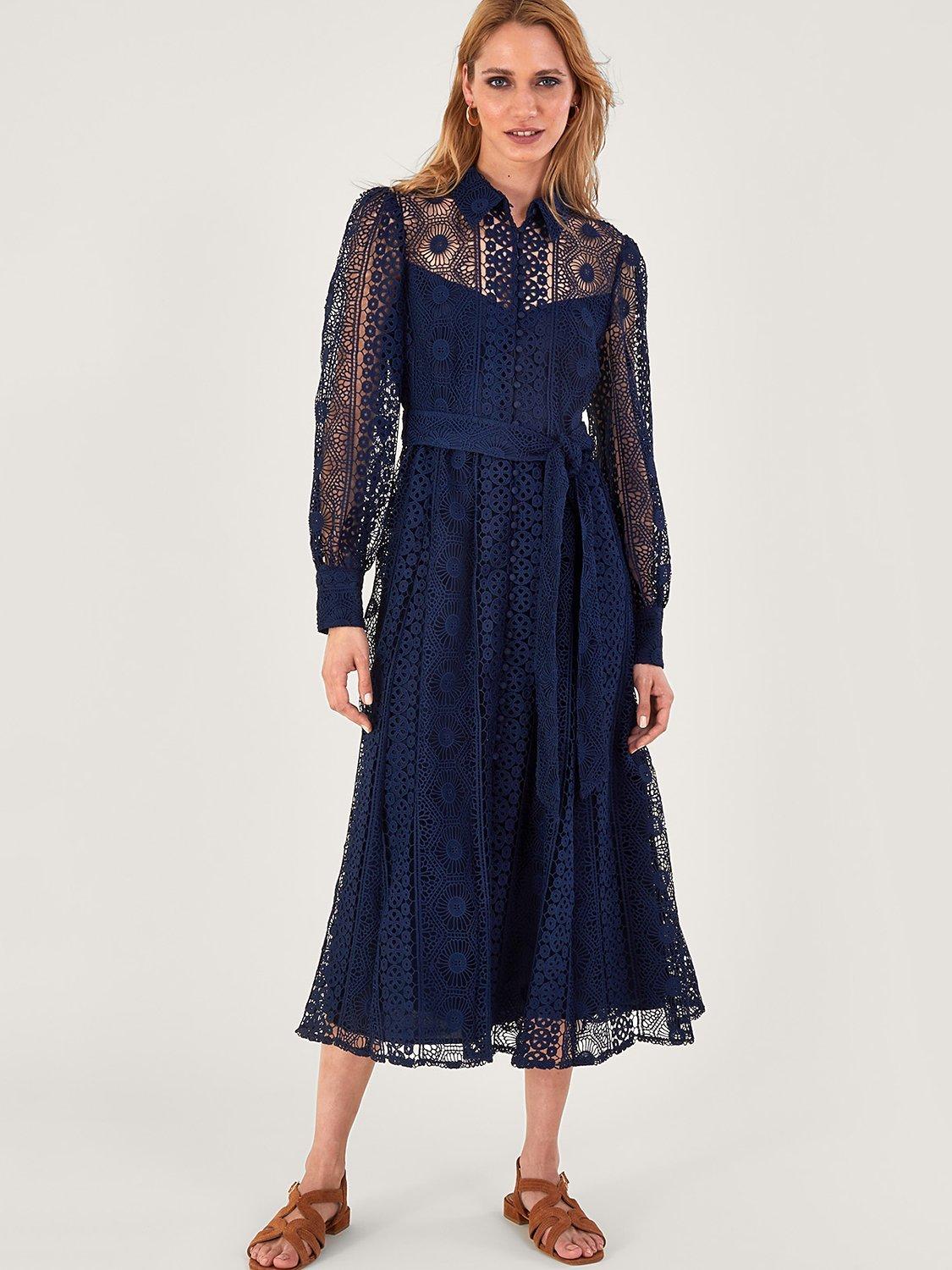 Monsoon Gabriella Midi Lace Shirt Dress, Navy