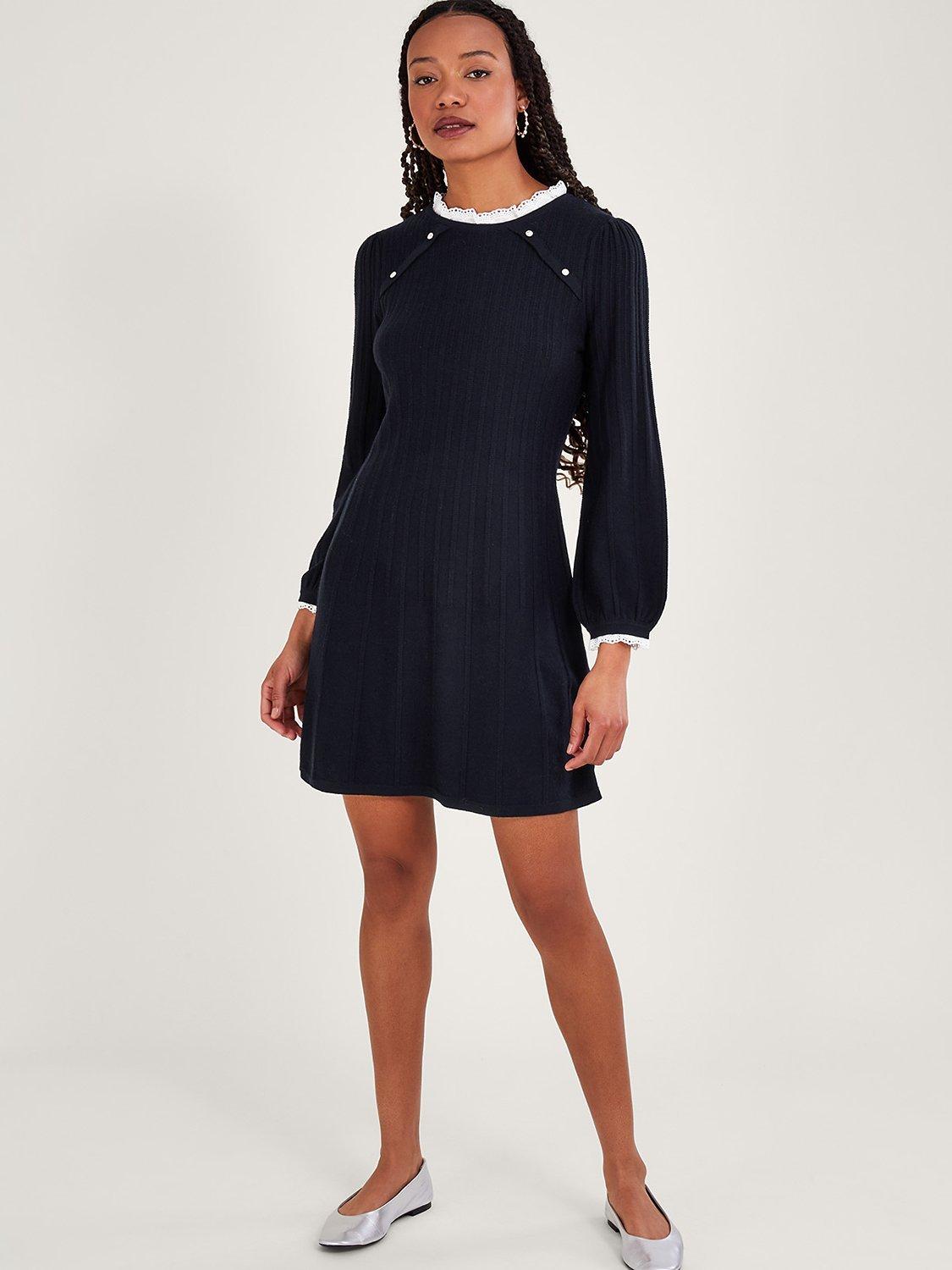Monsoon Lace Trim Swing Dress, Navy