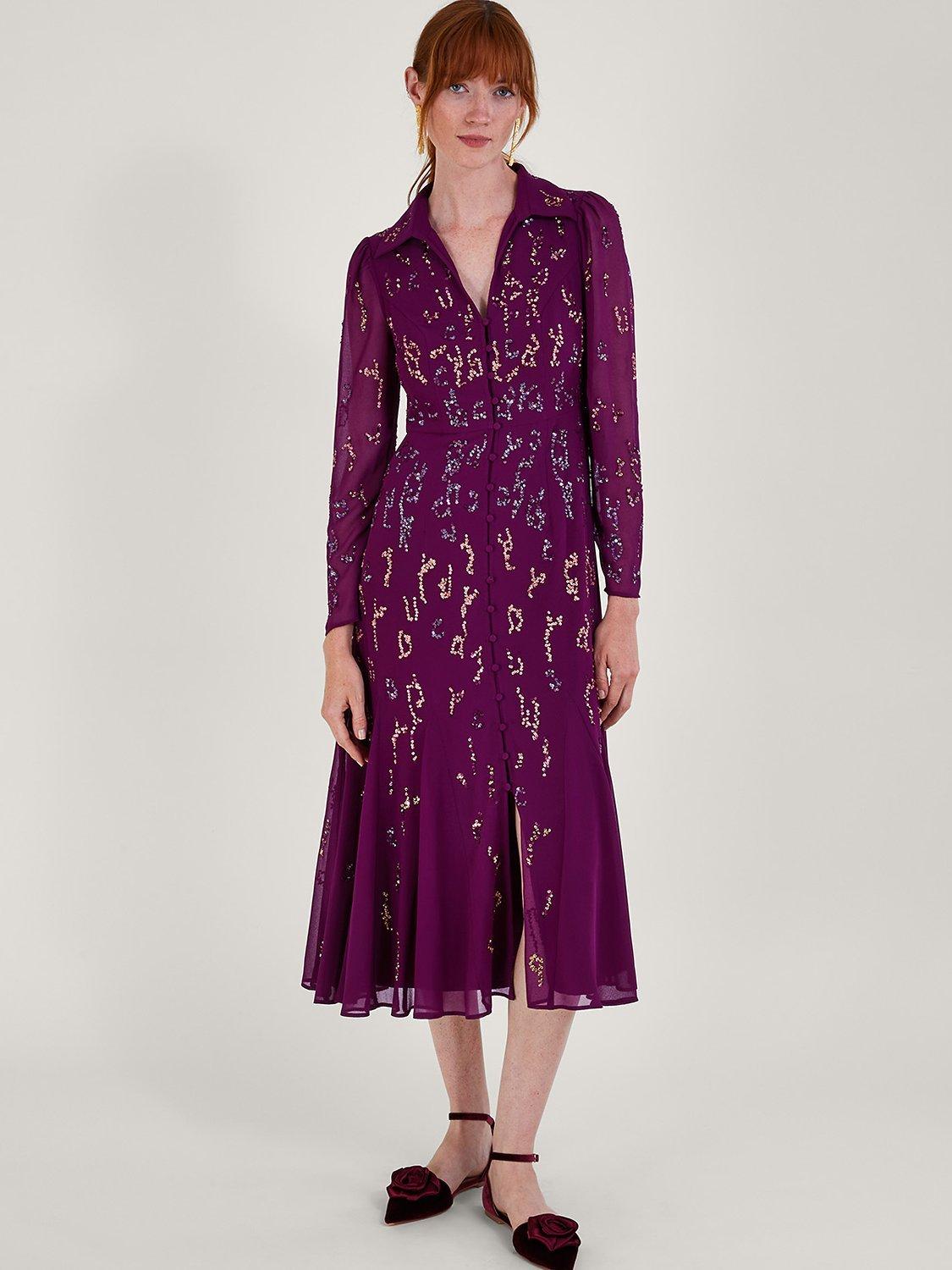 Monsoon Eliza Embellished Shirt Dress, Berry