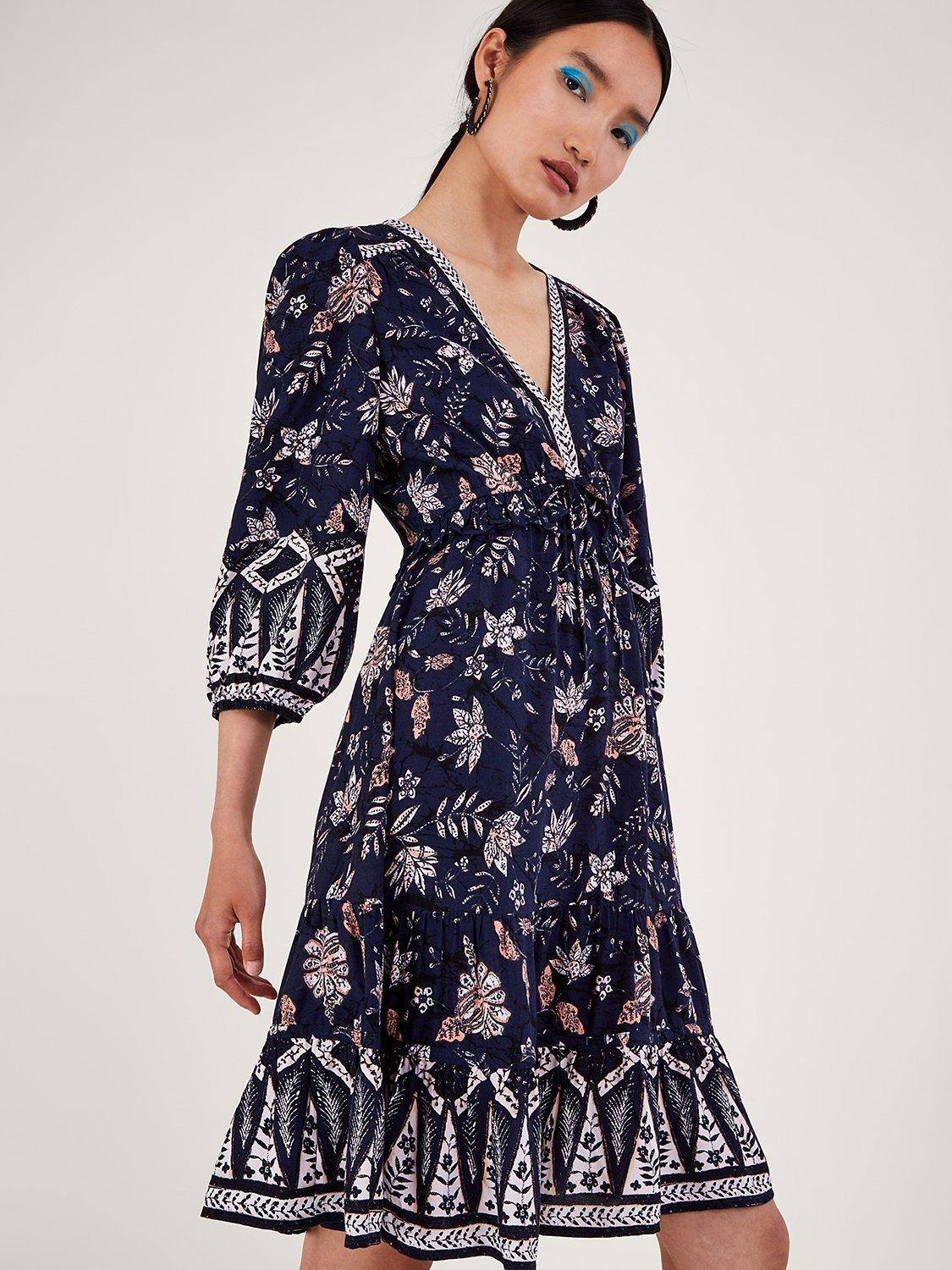 Monsoon Floral Knee Length Flared Dress, Navy/Multi