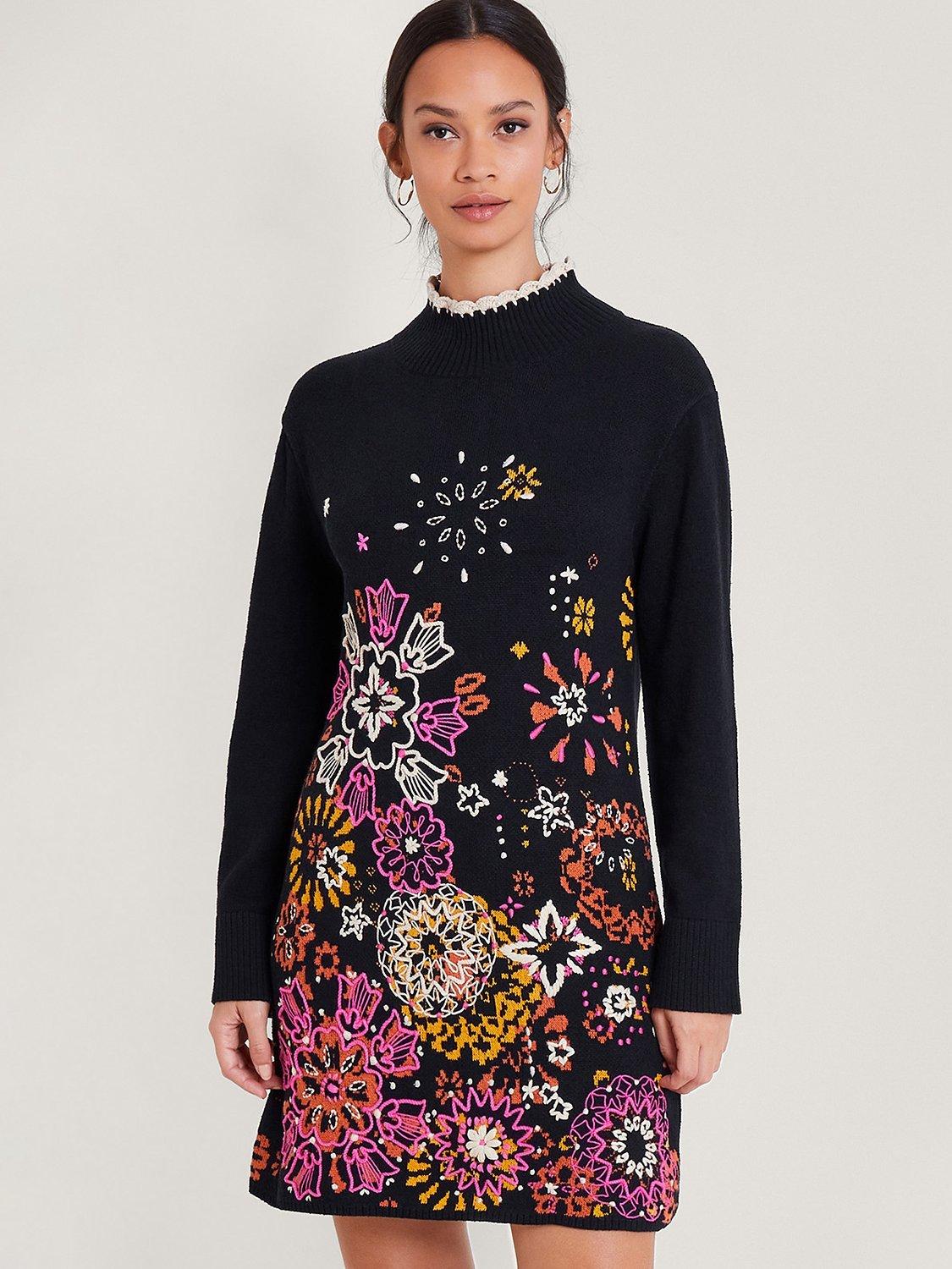 Monsoon Eve Embroidered Mini Dress, Black