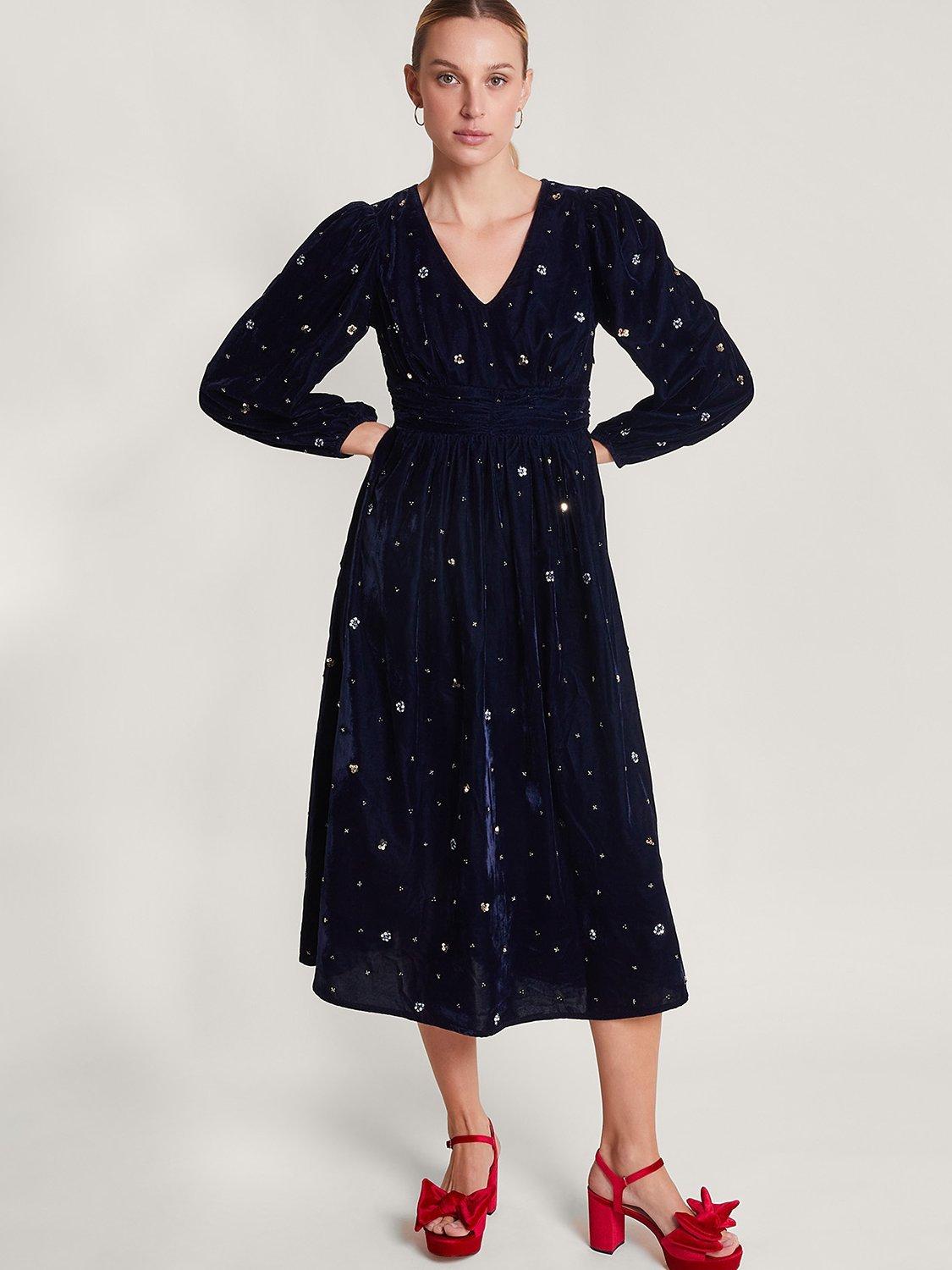 Monsoon Dakota Embellished Velvet Dress, Midnight