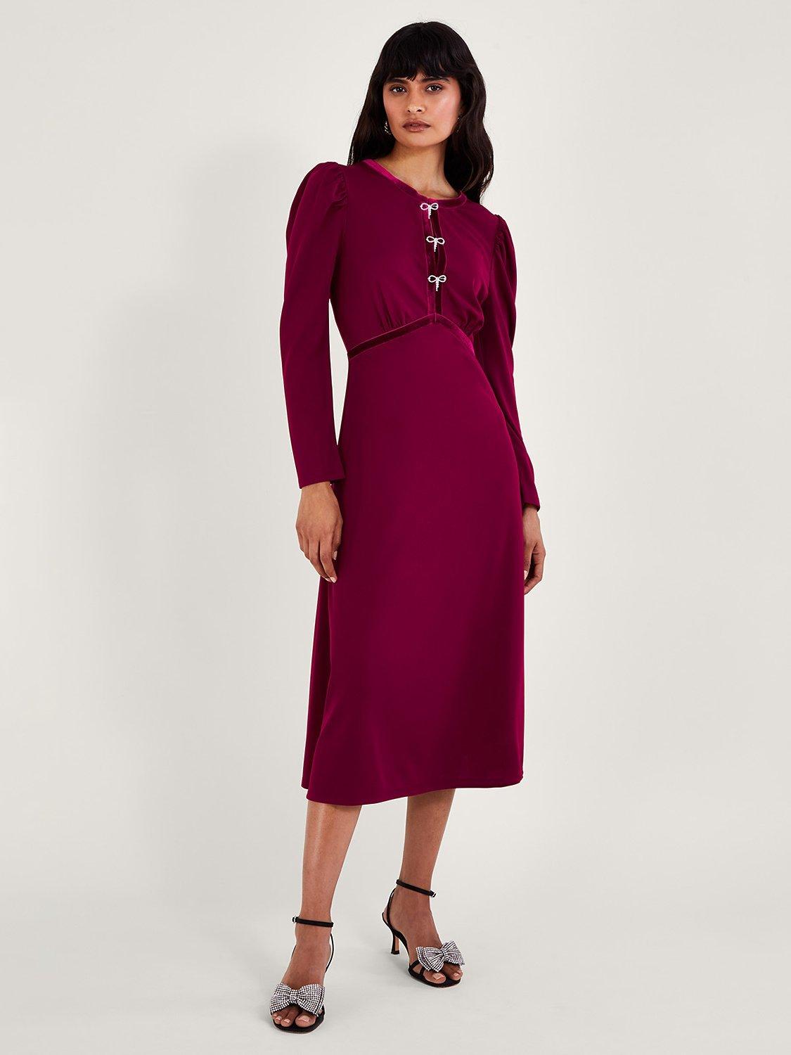 Monsoon Bow Velvet Trim Dress, Berry