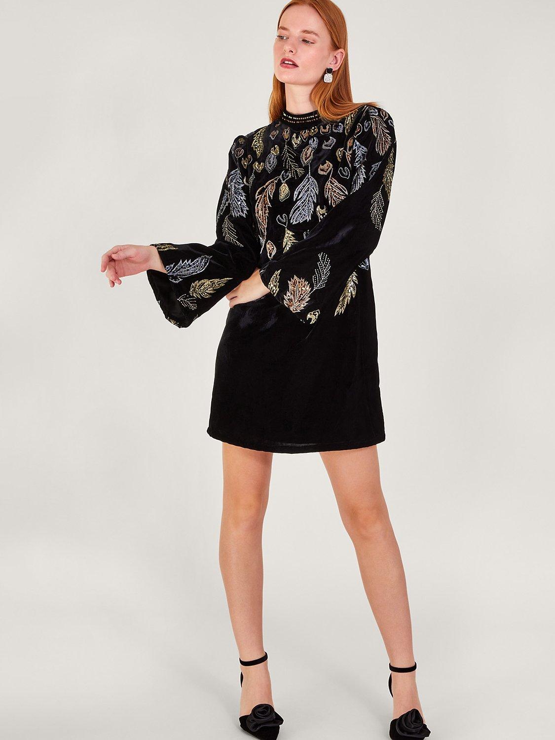 Monsoon Fenix Embellished Feather Dress, Black