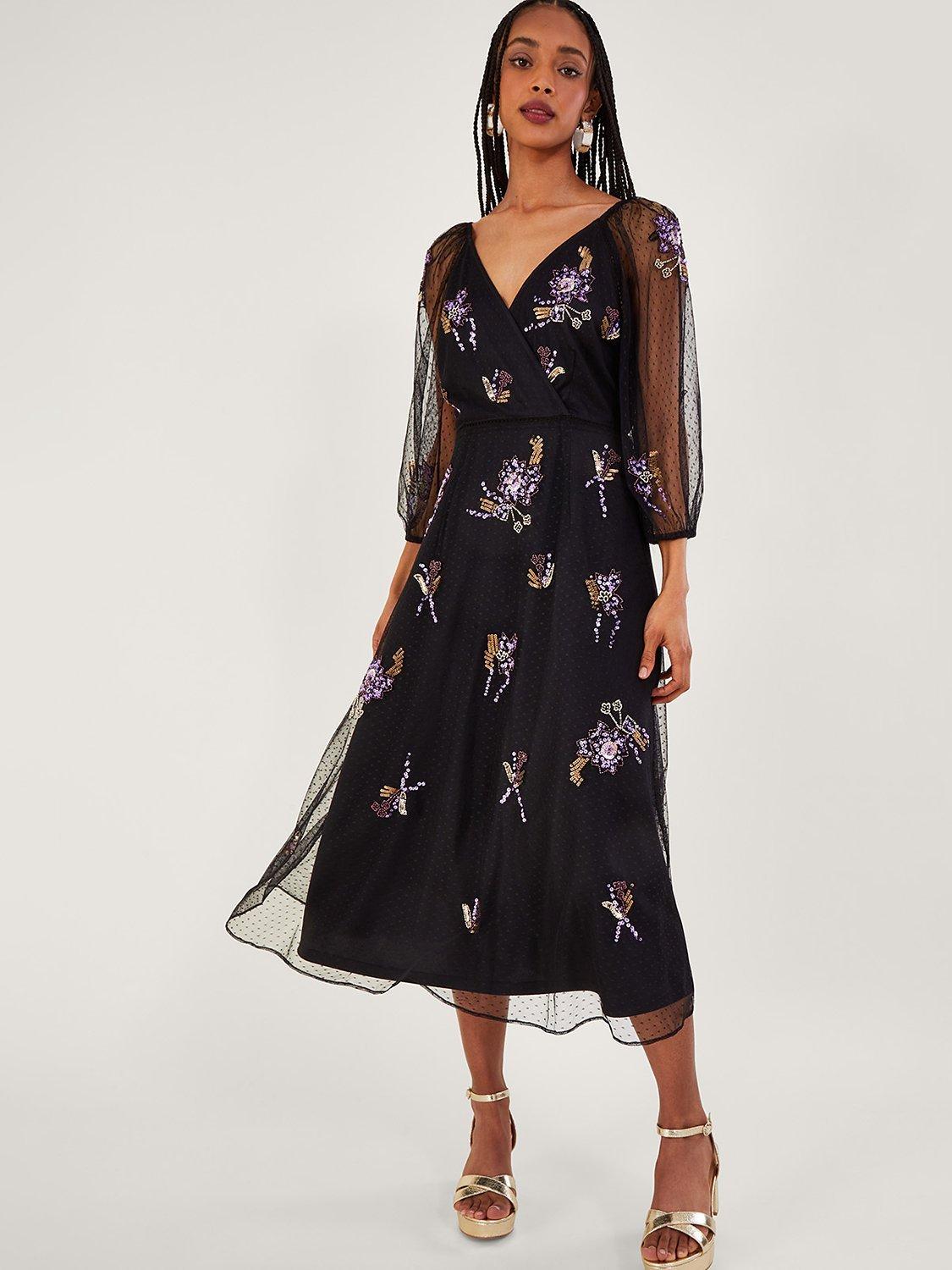 Monsoon Eloise Embellished Midi Dress, Black/Multi