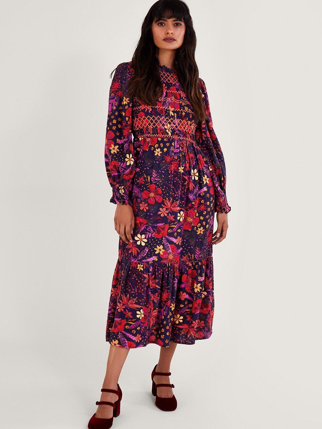 Monsoon Floral Print Midi Smock Dress, Multi