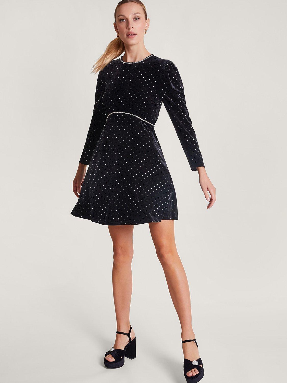 Monsoon Hali Diamante Velvet Dress, Black