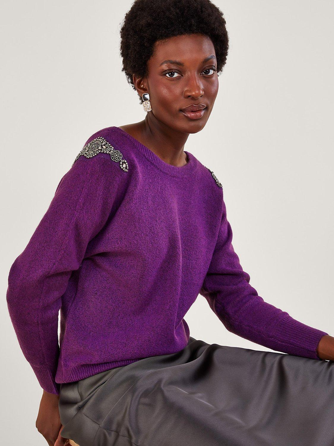 Monsoon Emma Embellished Shoulder Jumper, Purple