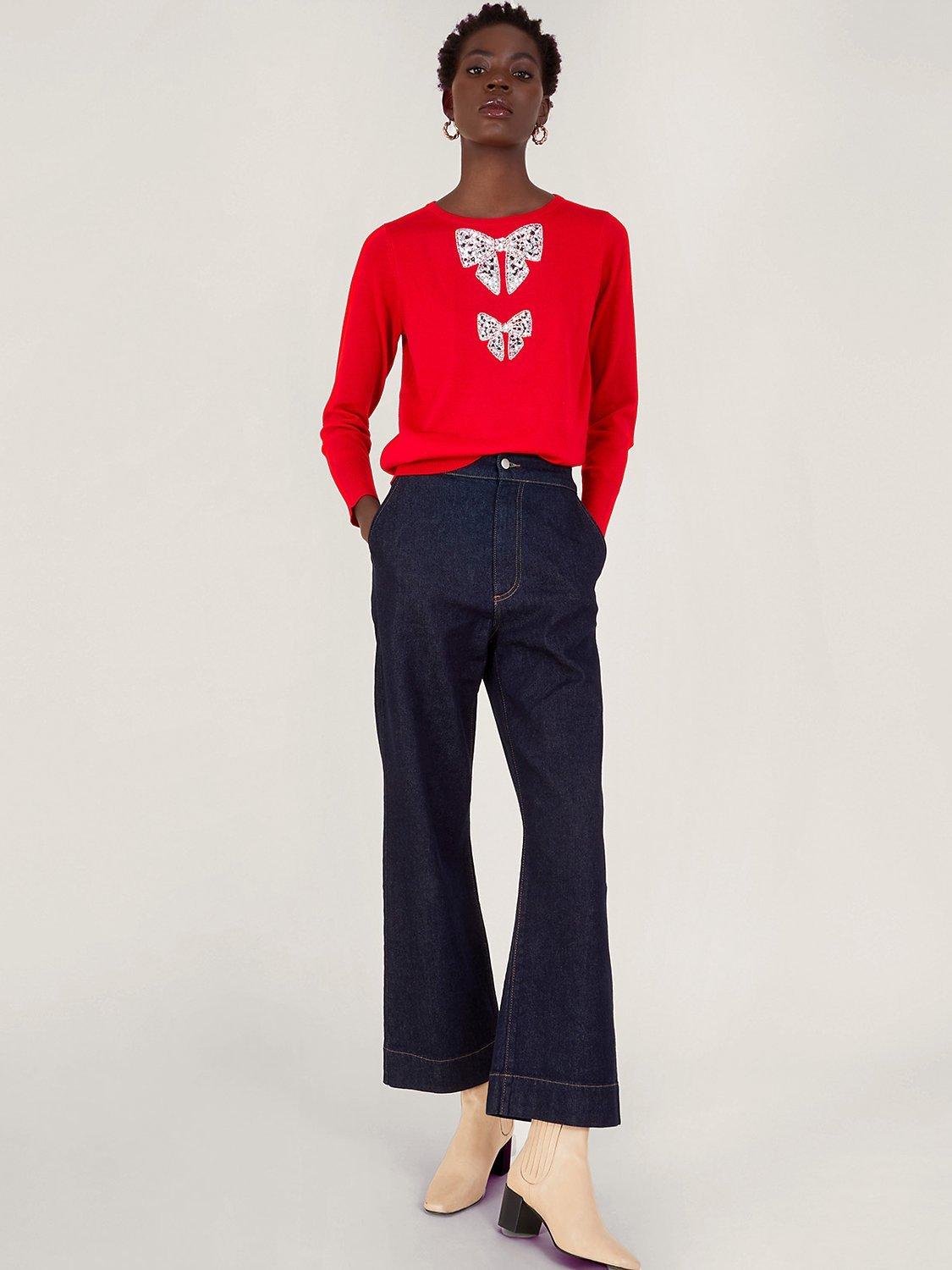 Monsoon Di Double Sequin Bow Wool Blend Jumper, Red
