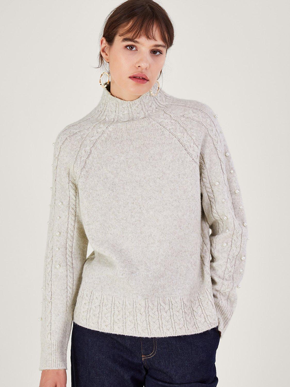 Monsoon Faux Pearl Cable Jumper, Ivory, M