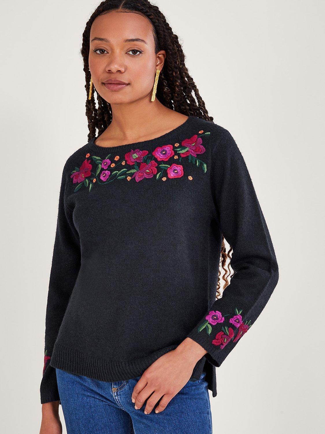 Monsoon Floral Embroidered Jumper, Navy/Multi