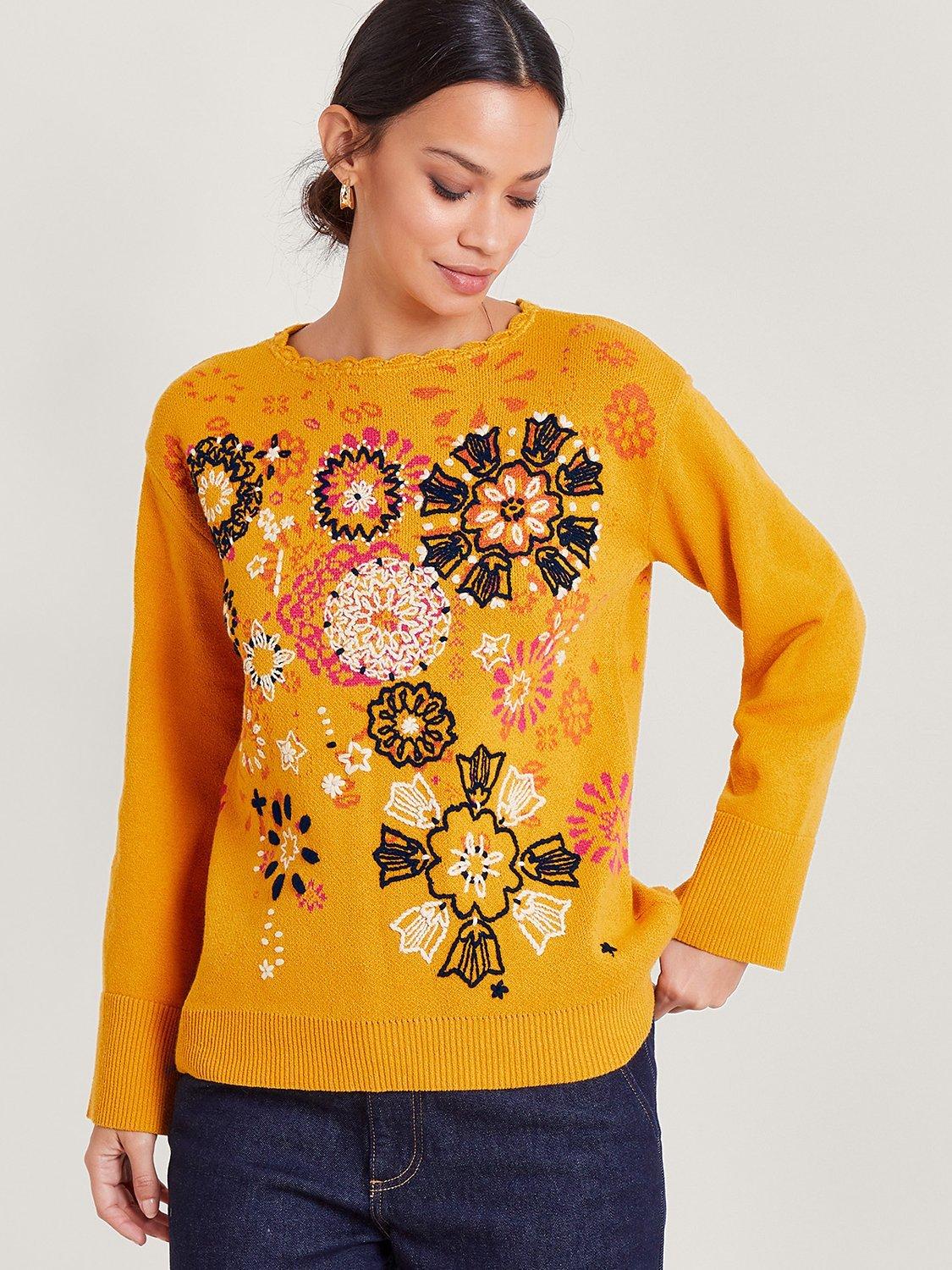 Monsoon Floral Embroidered Jumper, Ochre