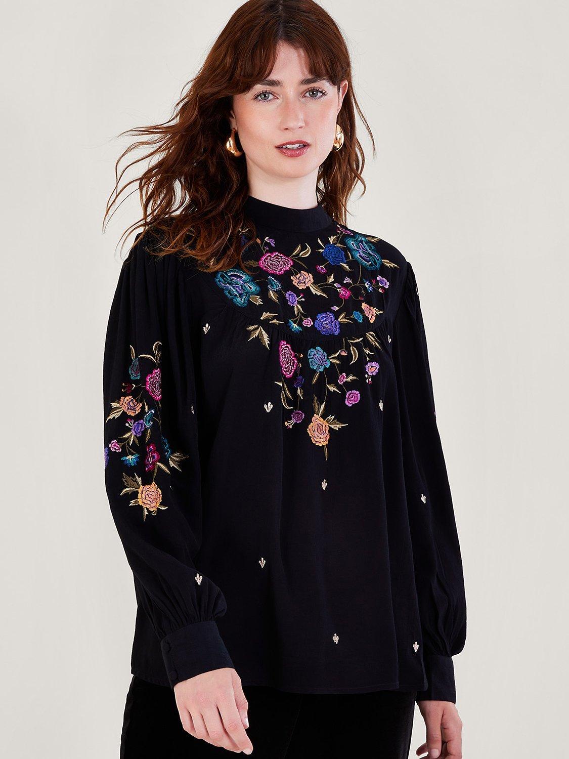 Monsoon Freya Floral Embroided Top, Black/Multi