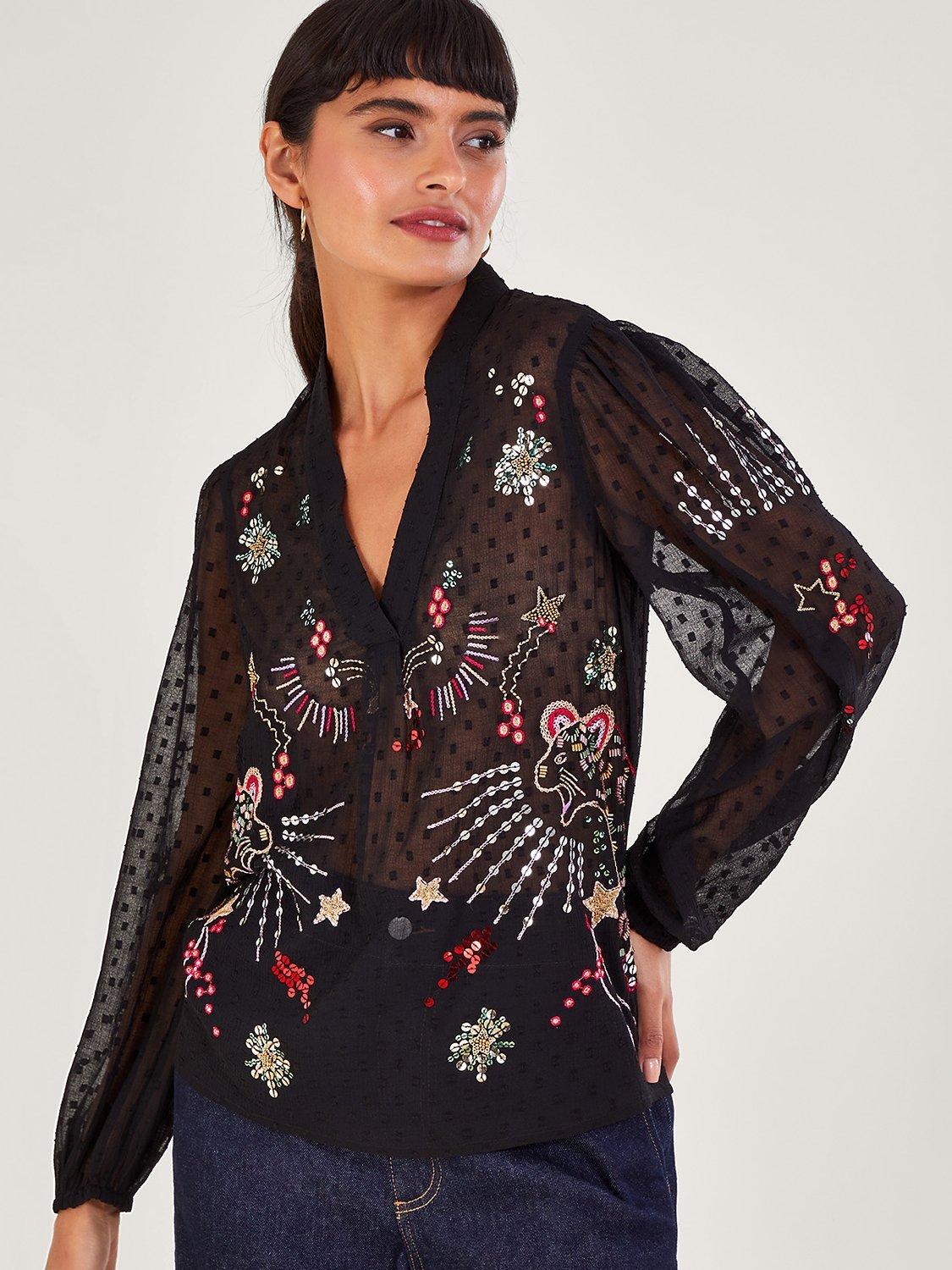 Monsoon Lyla Embellished Opaque Blouse, Black