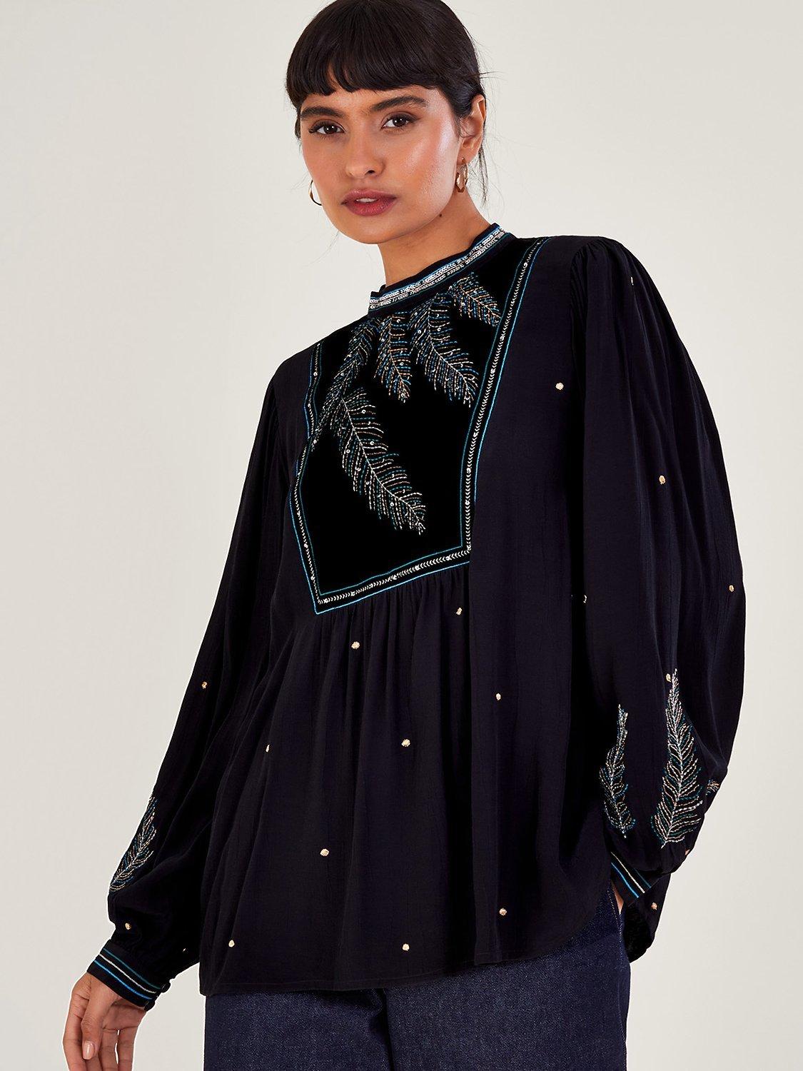 Monsoon Casey Embroidered Bib Blouse, Black