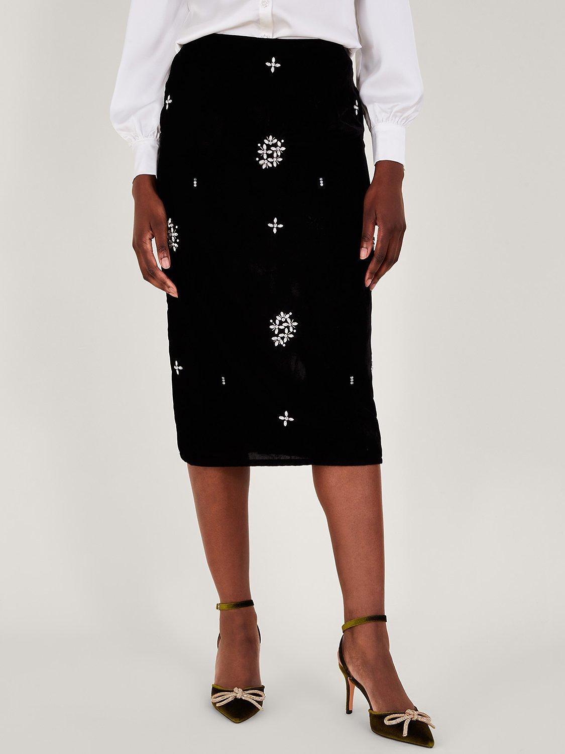 Monsoon Carola Embroidered Midi Skirt, Black