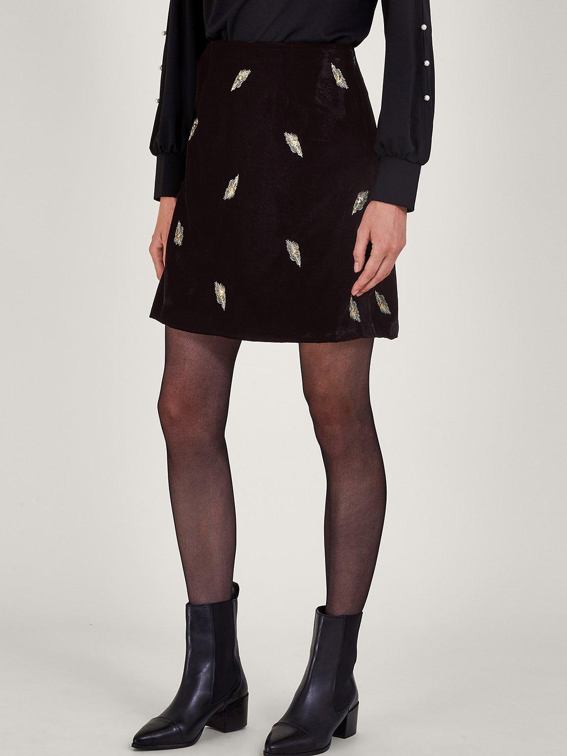 Monsoon Faye Embroidered Velvet Mini Skirt, Black