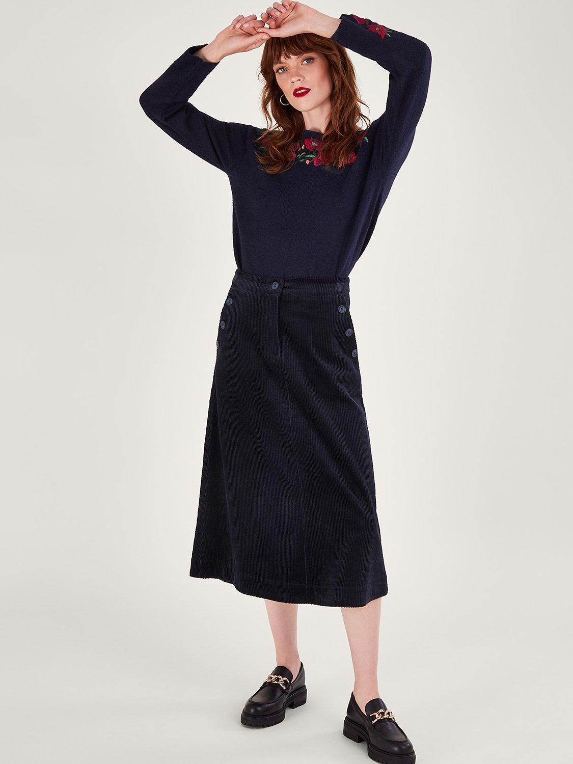 Monsoon Cord Cotton Midi Skirt, Midnight