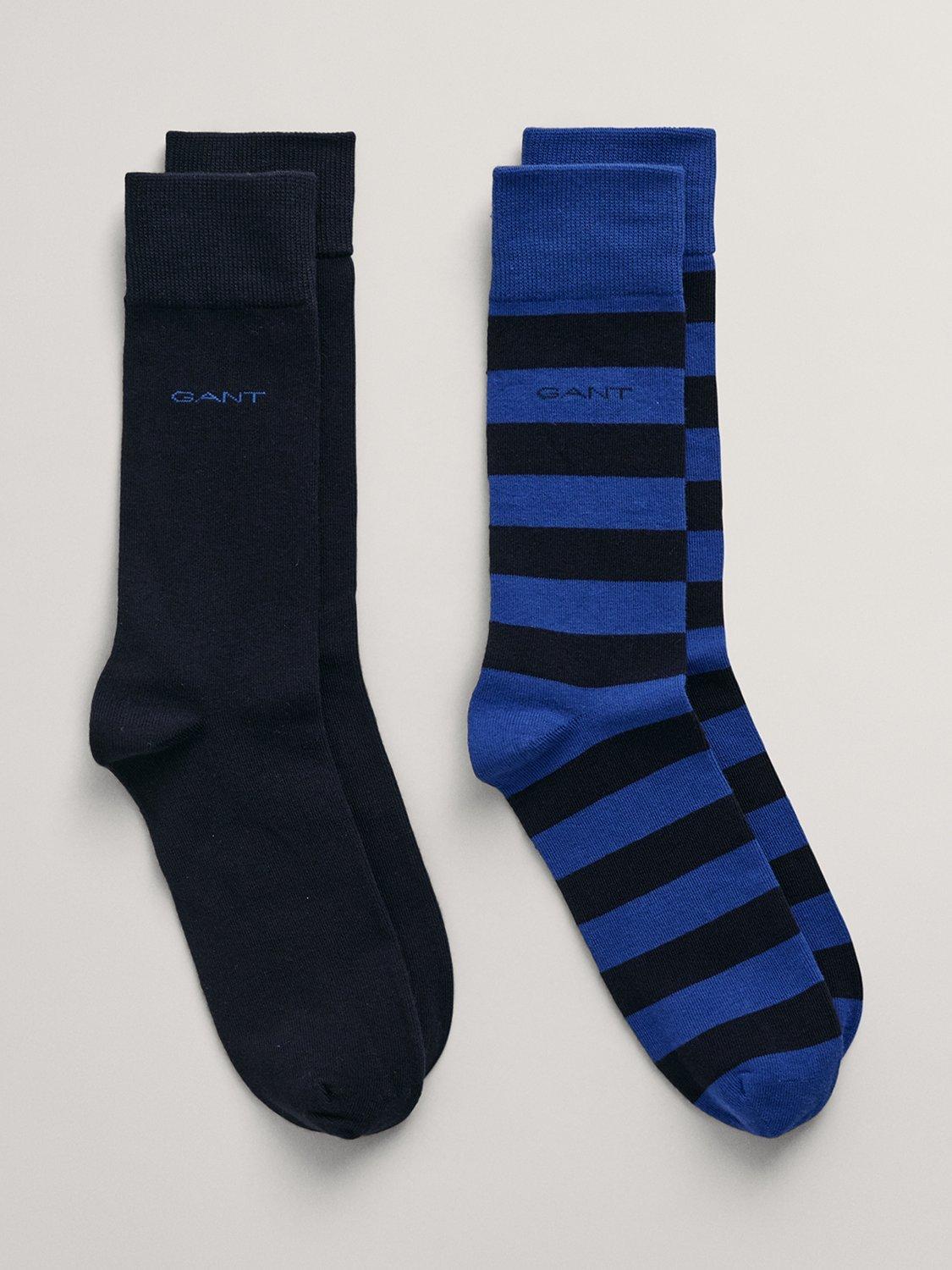 GANT Plain & Stripe Cotton Blend Socks, Pack of 2, College Blue
