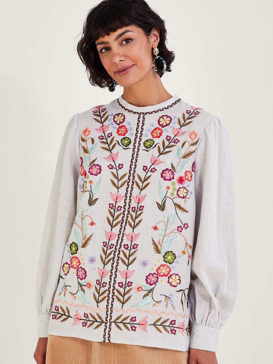 Monsoon Josie Floral Embroided Top, Grey/Multi