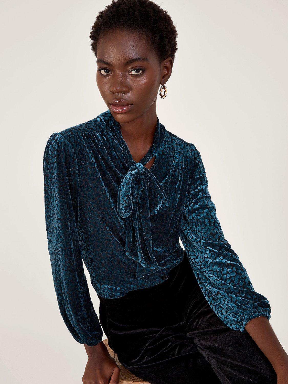 Monsoon Bria Devoré Pussybow Blouse, Dark Green