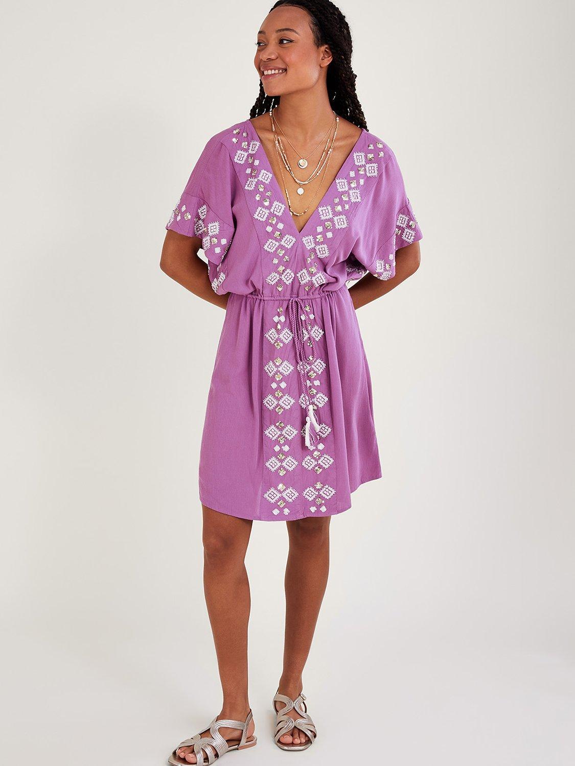 Monsoon Embellished V-Neck Kaftan, Lilac/Multi