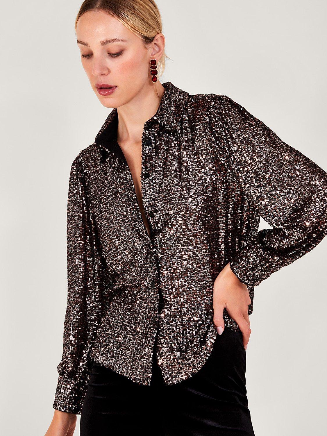 Monsoon Megan Sequin Shirt, Purple, M