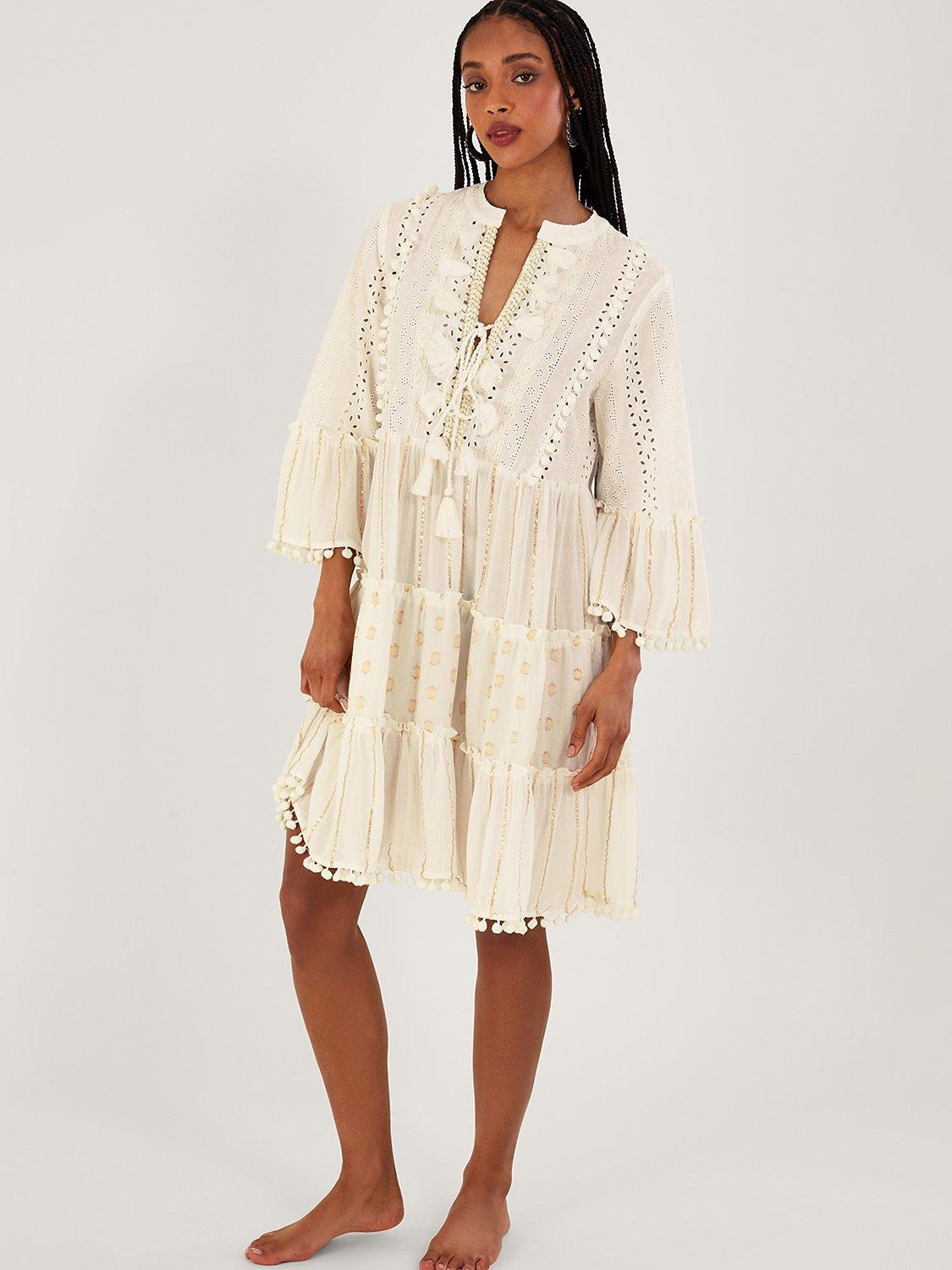 Monsoon Metallic Tassel Kaftan Dress, Ivory