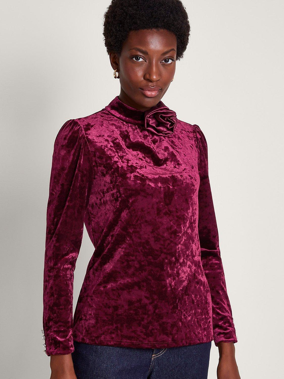 Monsoon Colbie Corsage Detail High Neck Velvet Top, Berry