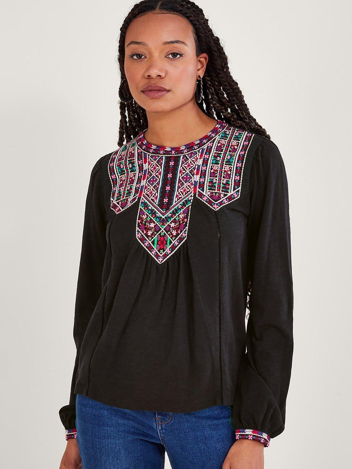 Monsoon Embroidered Jersey Top, Black/Multi