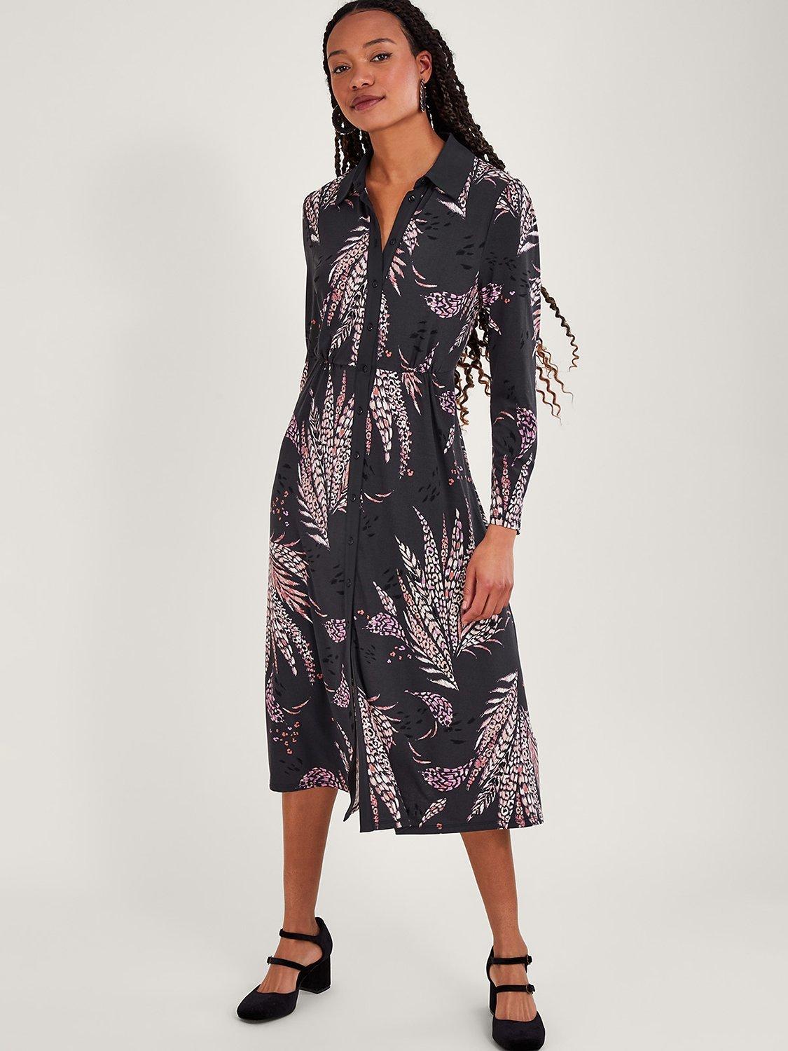 Monsoon Peacock Embroidered Midi Shirt Dress, Black/Multi