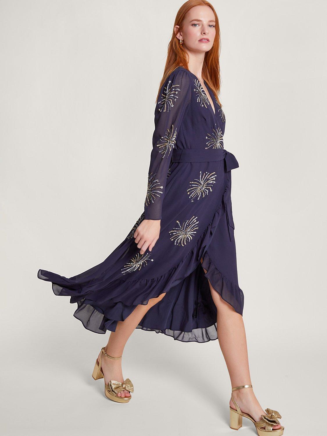 Monsoon Serena Embellished Wrap Dress, Midnight