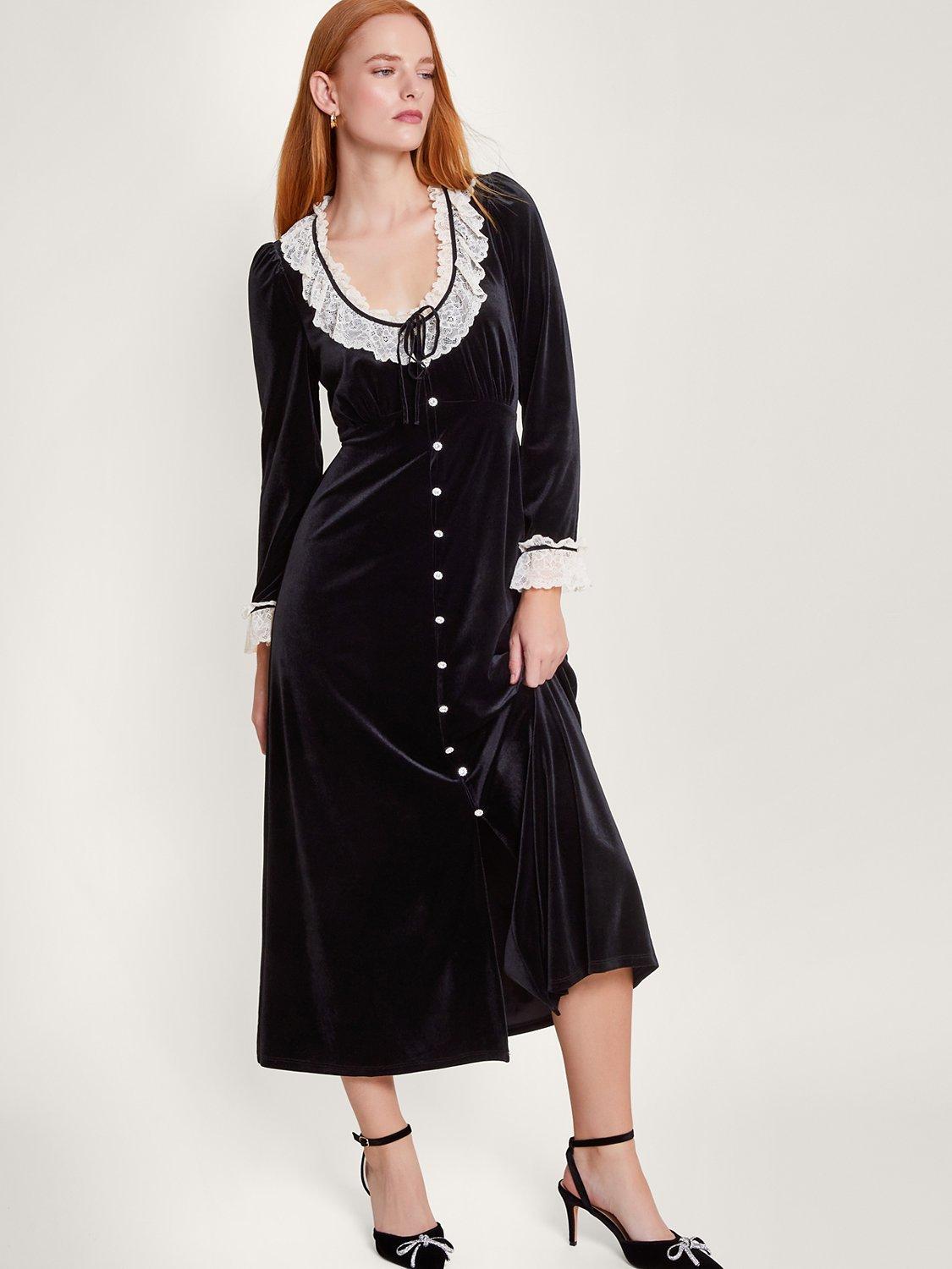 Monsoon Vali Velvet Tea Dress, Black