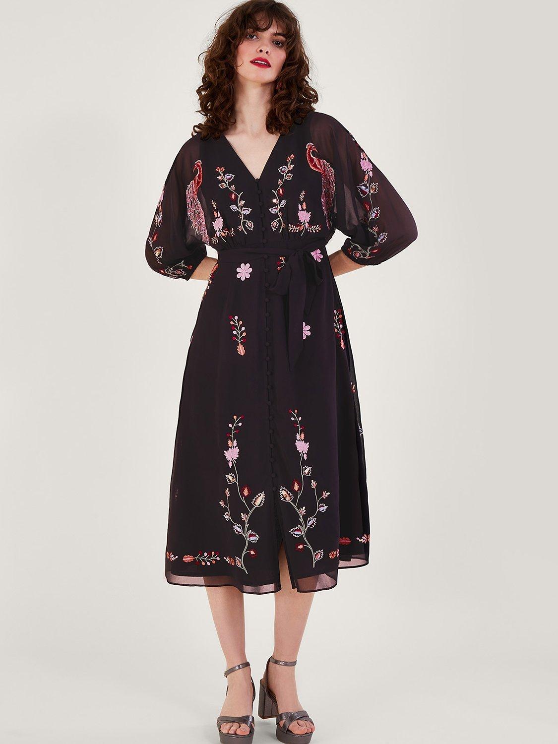 Monsoon Tina Embroidered Wrap Dress, Black/Multi