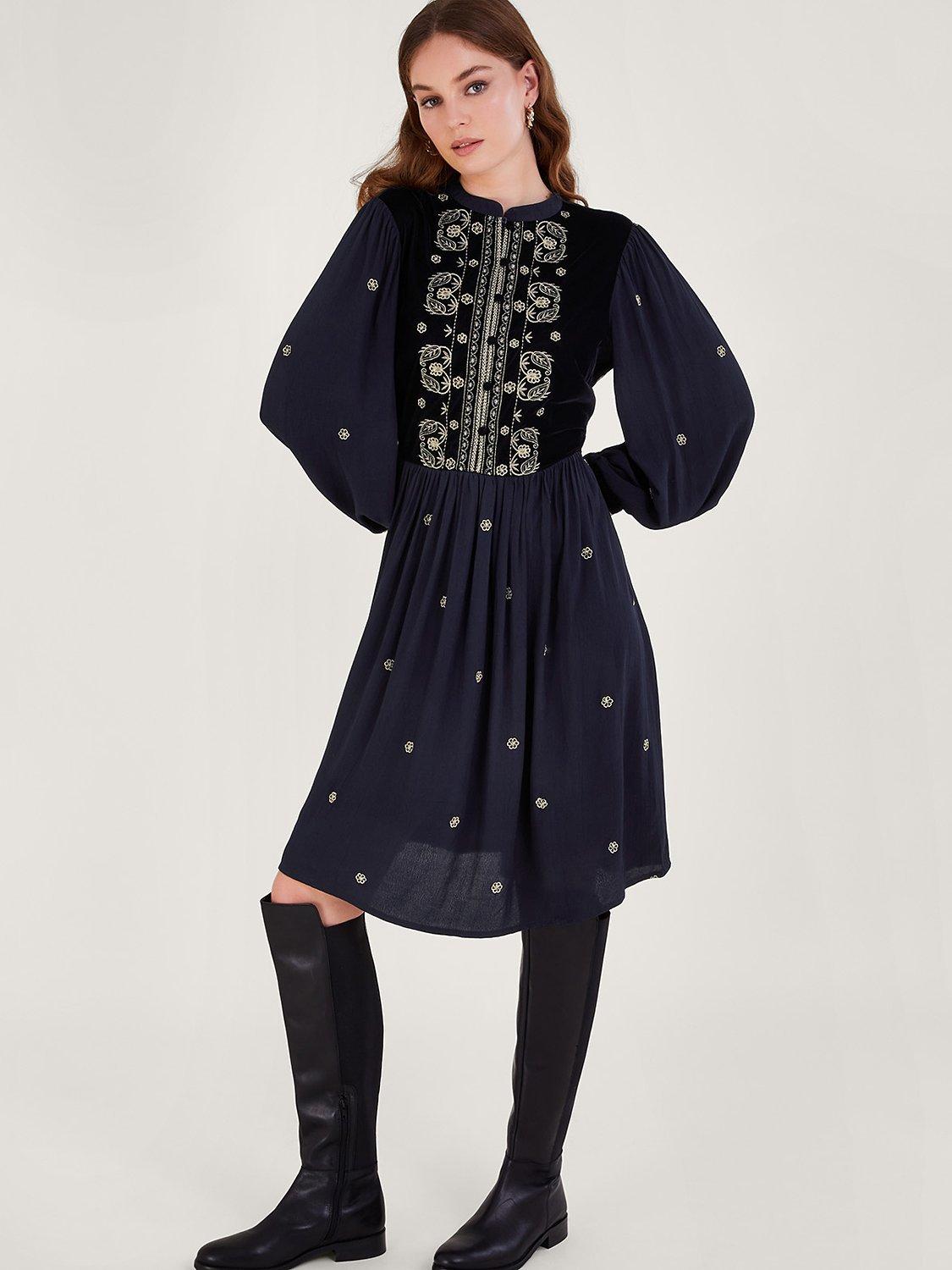 Monsoon Payton Embroidered Bib Dress, Navy/Multi