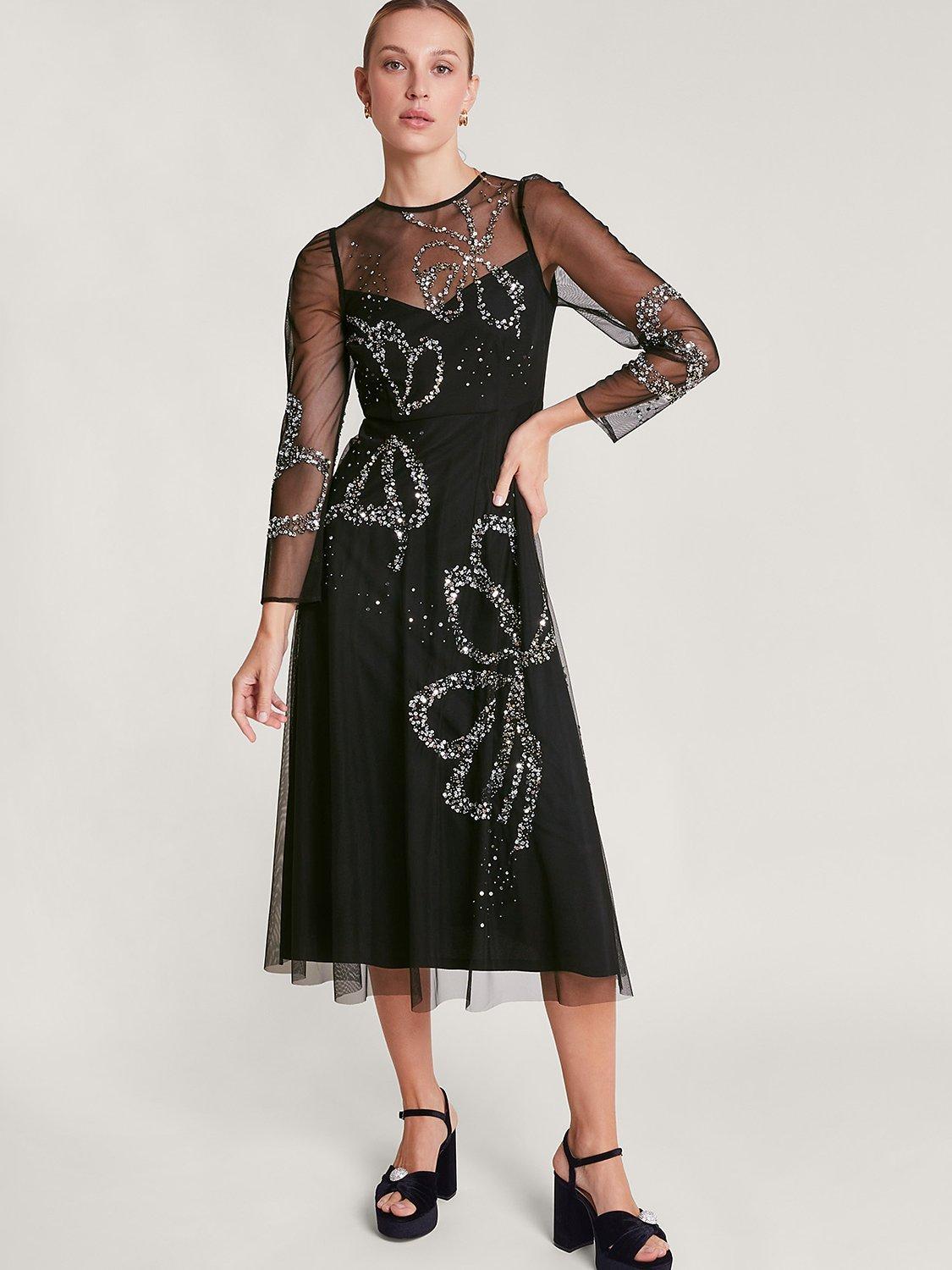 Monsoon Sophie Bow Mesh Midi Dress, Black