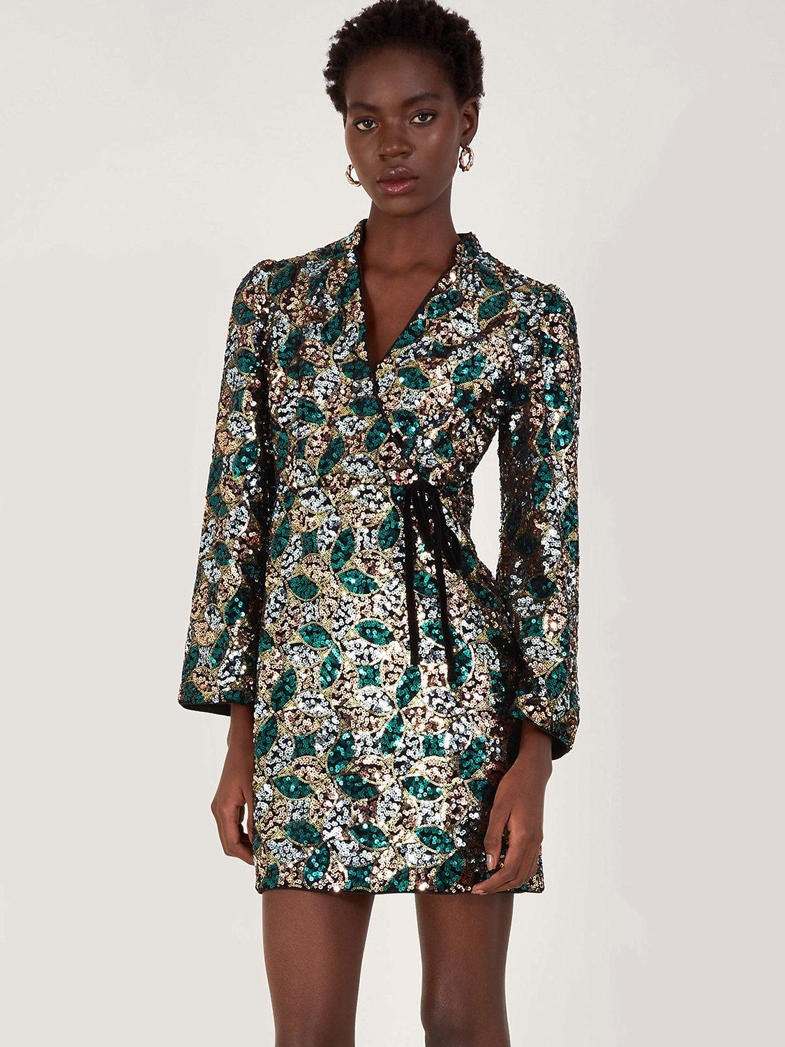 Monsoon Sasha Sequin Wrap Mini Dress, Gold/Multi