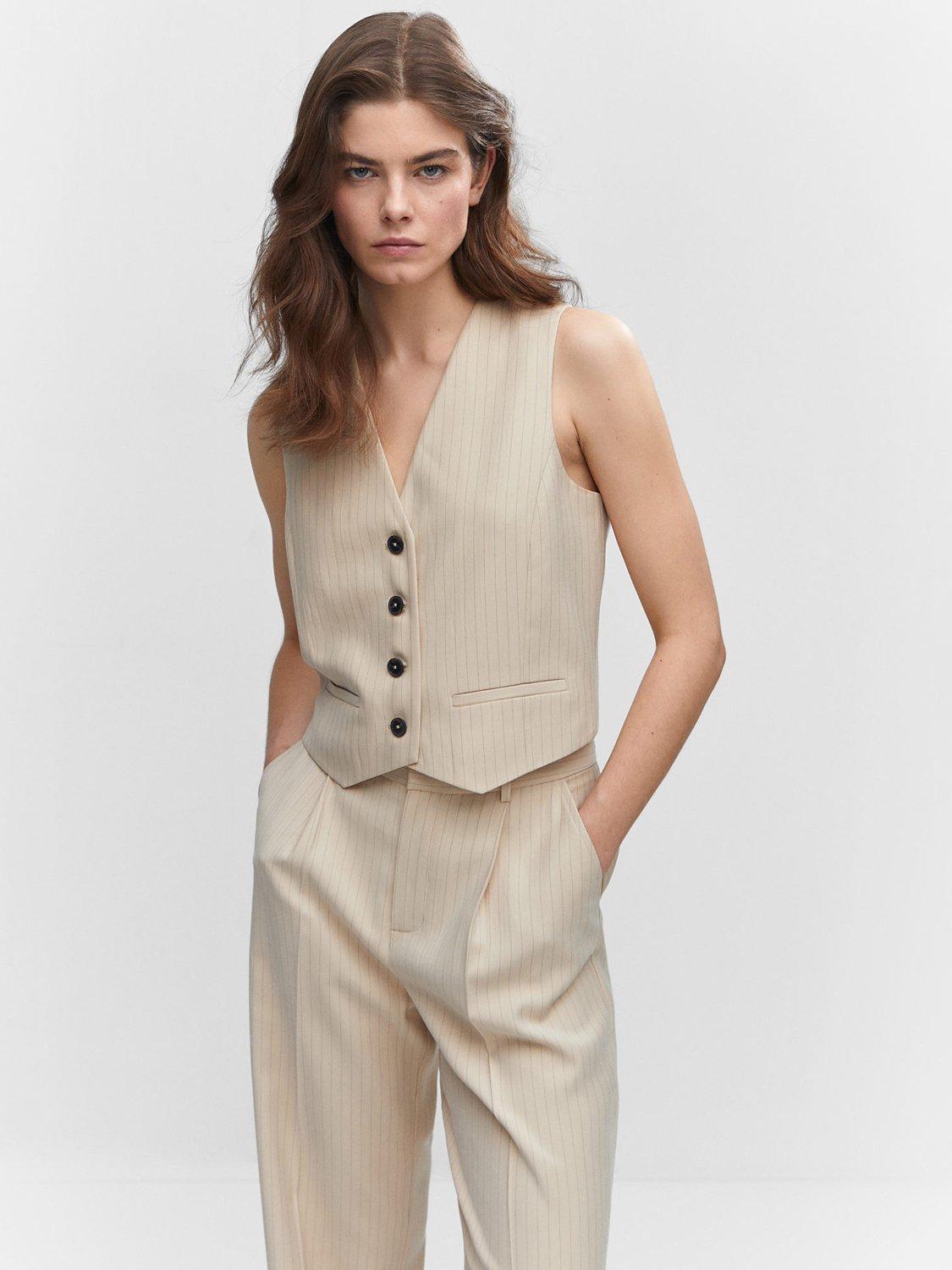 Mango Pinstripe Waistcoat, Light Beige
