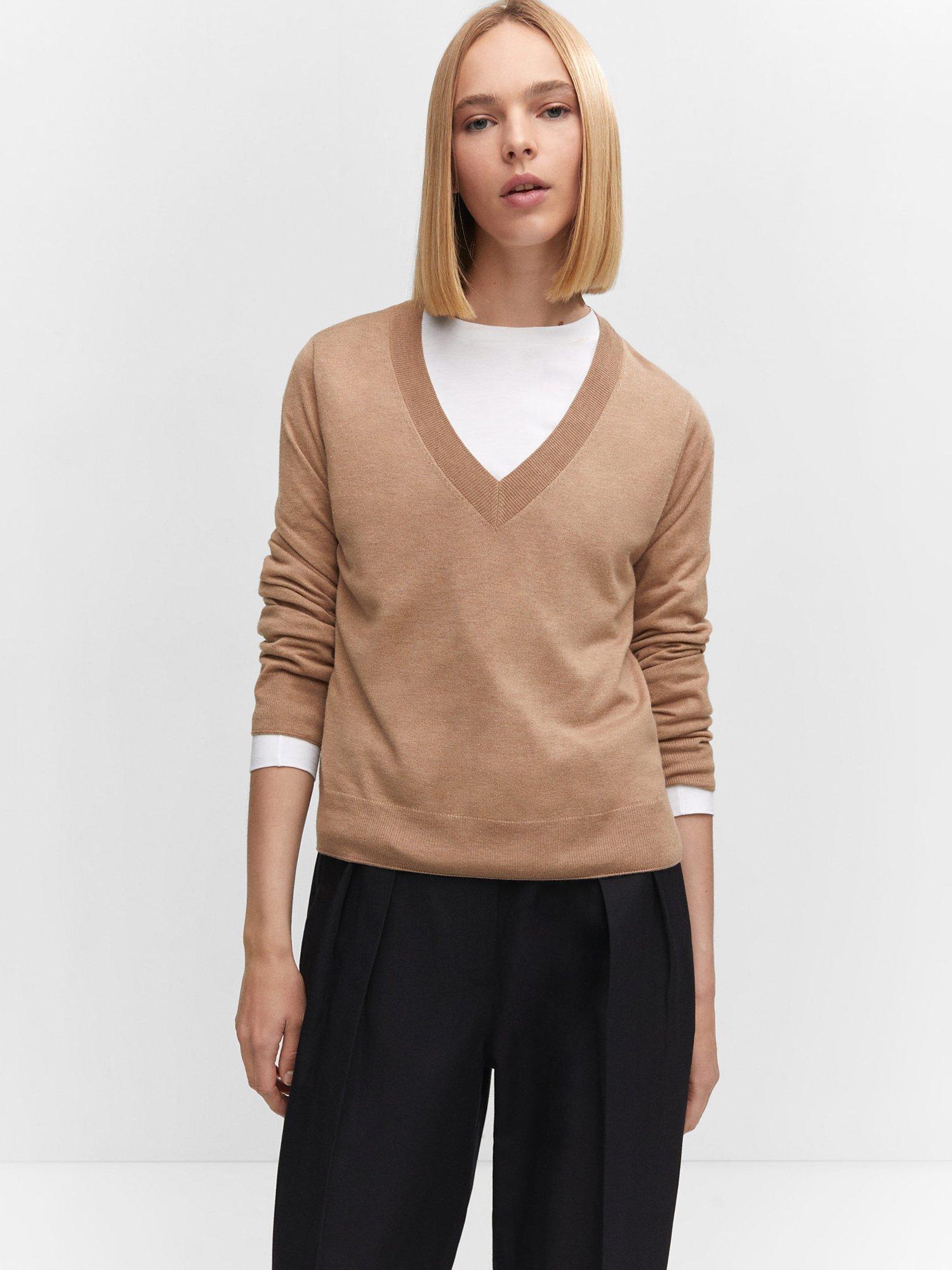 Mango Fine Knit V-Neck Sweatshirt, Medium Brown