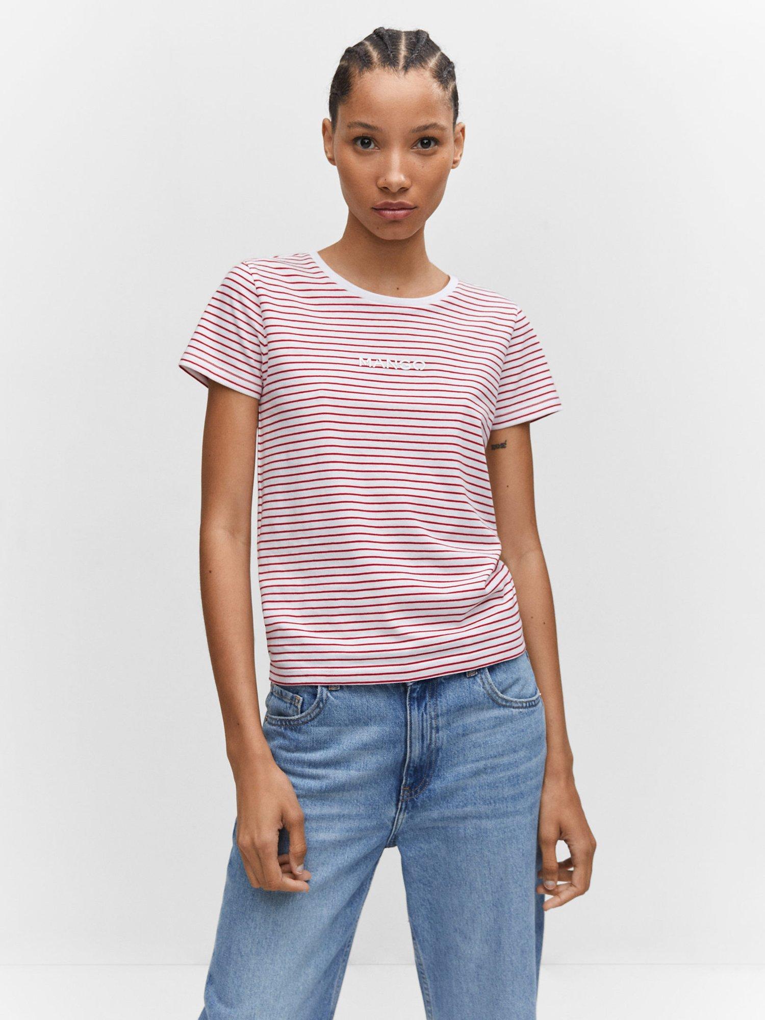 Product image 1 of 6, which shows Mango Striped Logo T-shirt, Red/White, XL