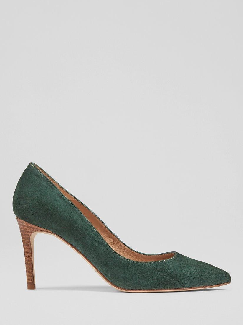 L.K.Bennett Floret Suede Wooden Heel Pointed Toe Court Shoes, Gre-dark Green