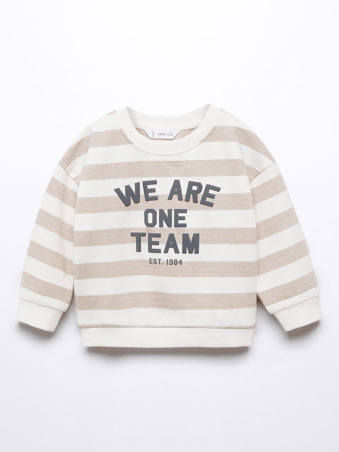 Product image 1 of 4, which shows Mango Baby Uni Slogan Striped Sweatshirt, Light Pastel Brown, 12-18 months