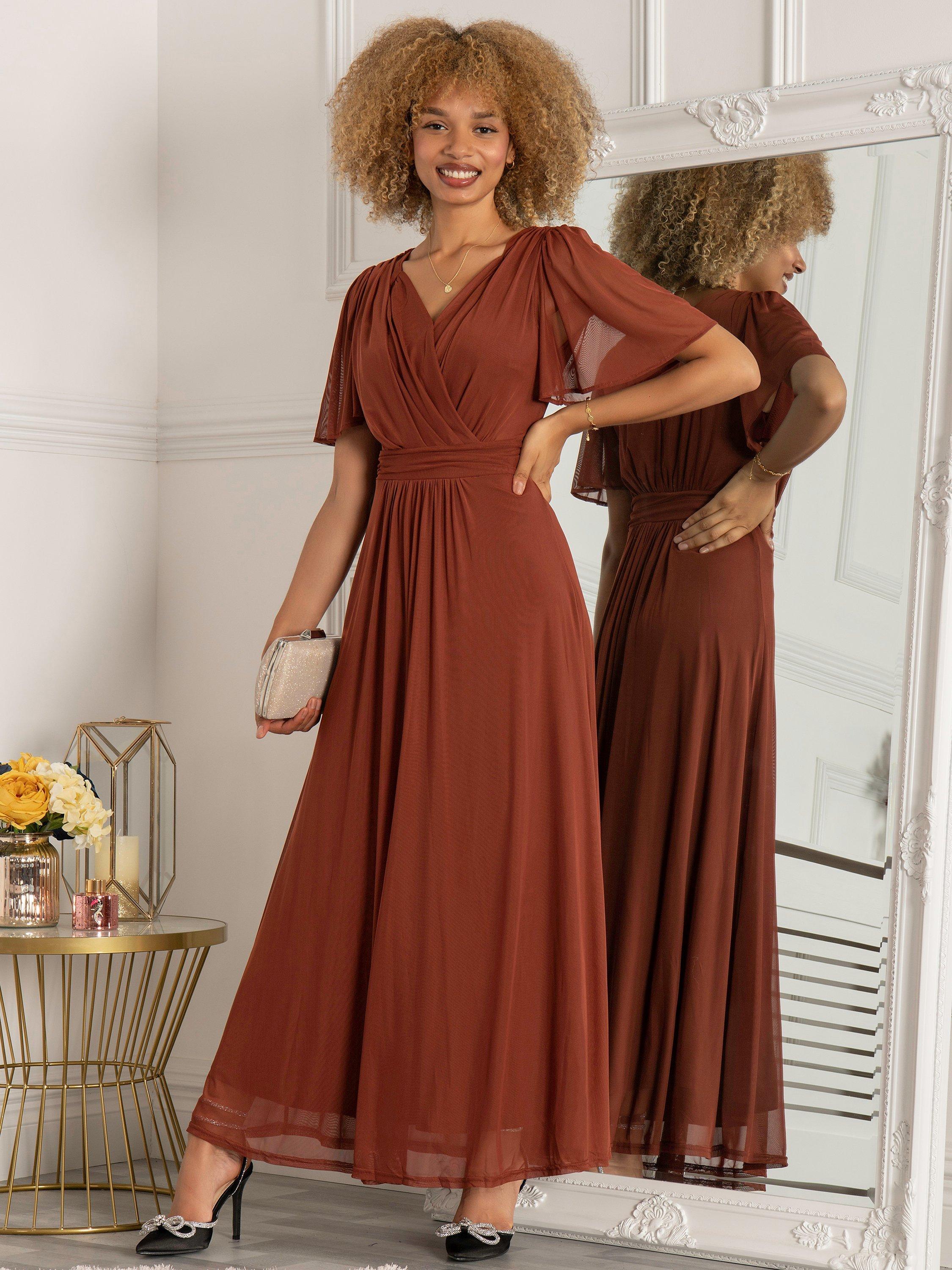 Jolie Moi Mesh Flute Sleeve Maxi Dress, Rust