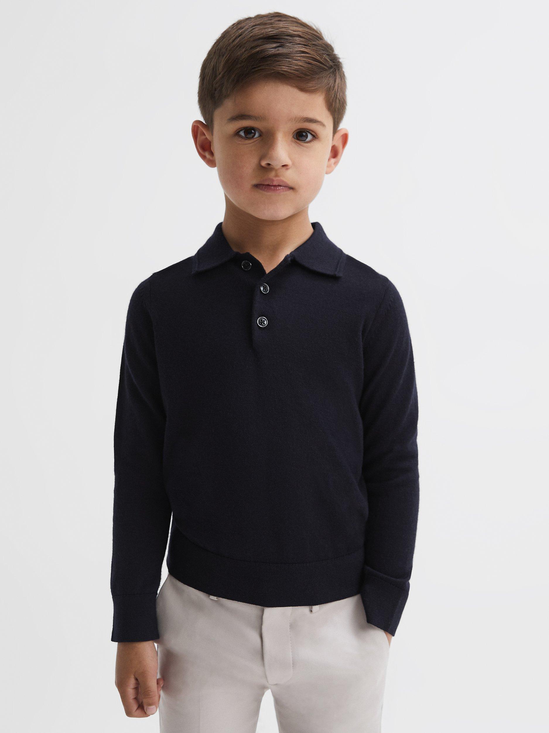 Product image 1 of 5, which shows Reiss Kids' Trafford Merino Wool Polo Shirt, Navy, 3-4 years