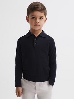 Reiss Kids' Trafford Merino Wool Polo Shirt, Navy