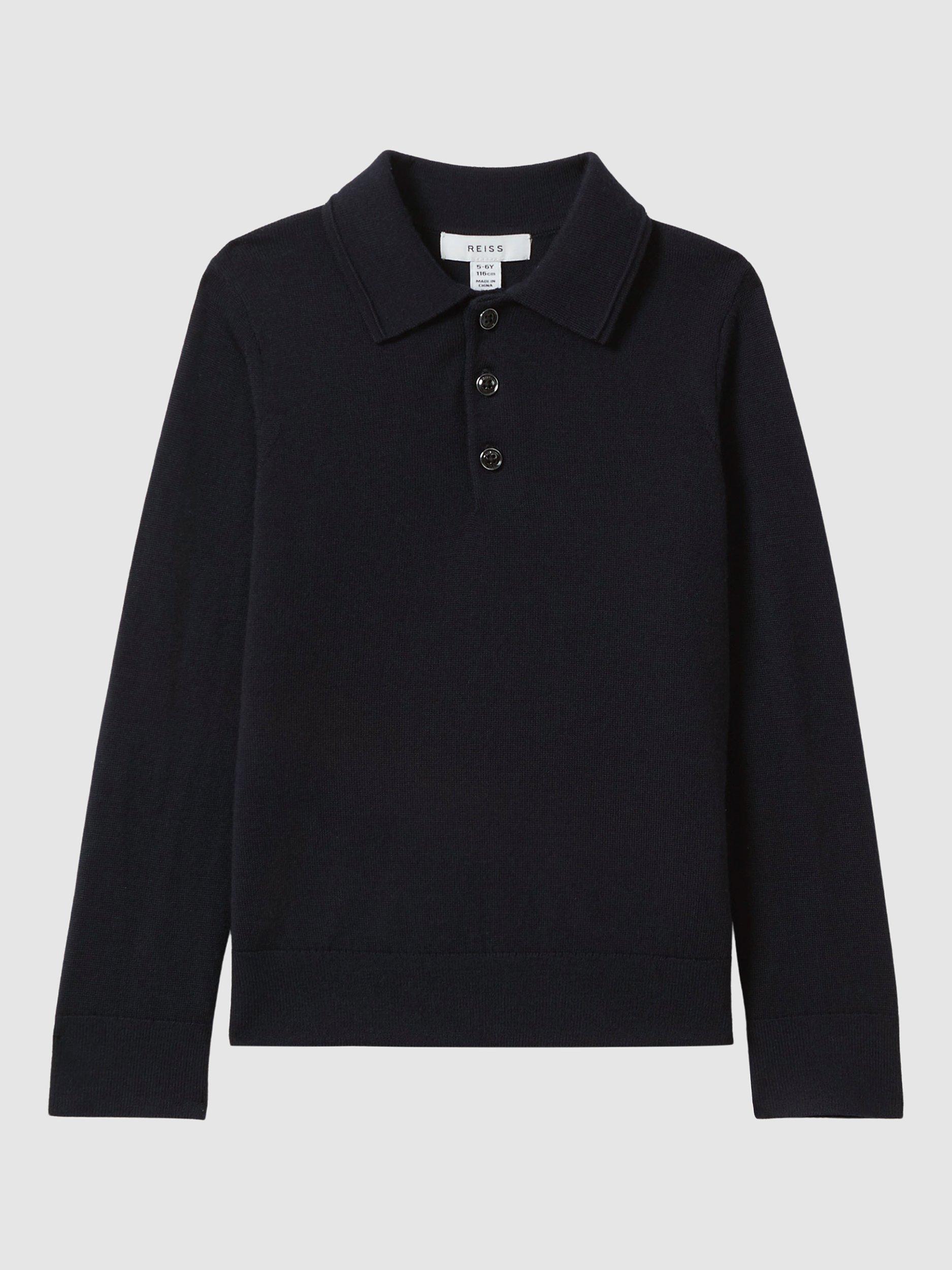Product image 3 of 5, which shows Reiss Kids' Trafford Merino Wool Polo Shirt, Navy, 3-4 years